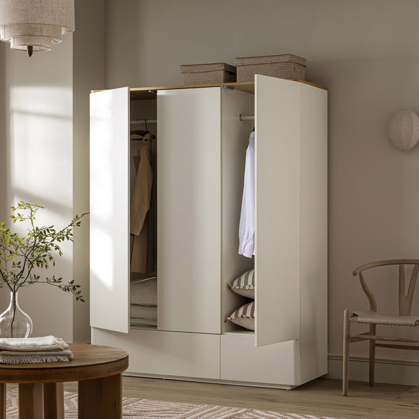 Agnes Curved Edge Triple Closet, Off White with Oak Top