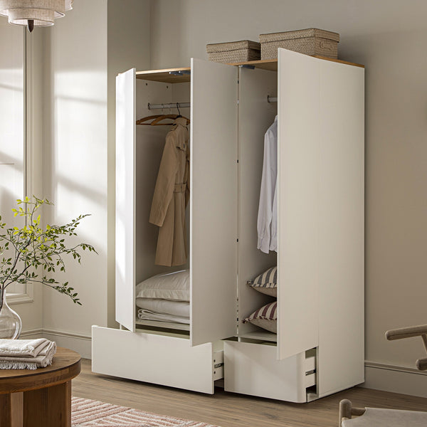 Agnes Curved Edge Triple Closet, Off White with Oak Top