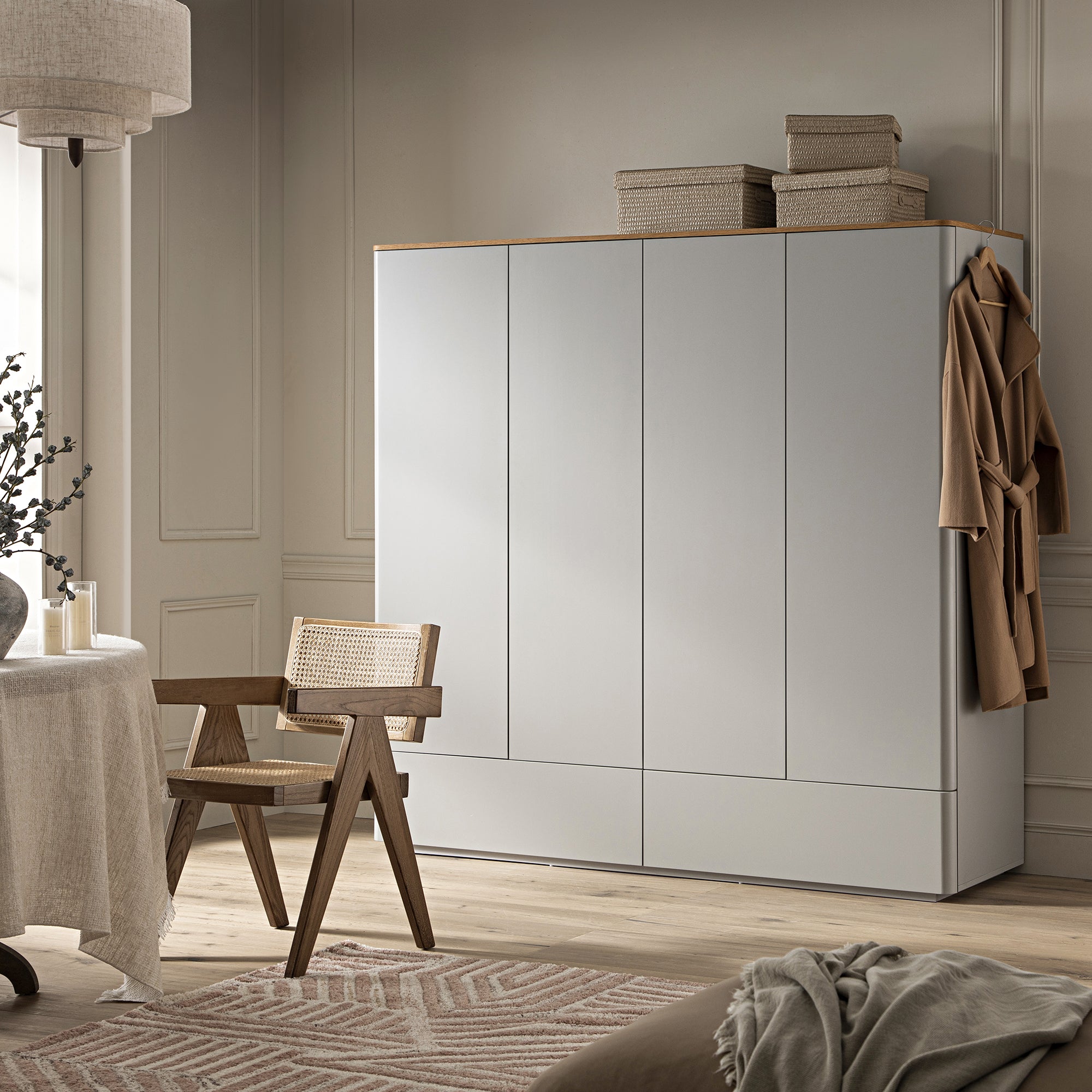 Agnes Curved Edge 4-Door Closet, Dove Grey with Oak Top