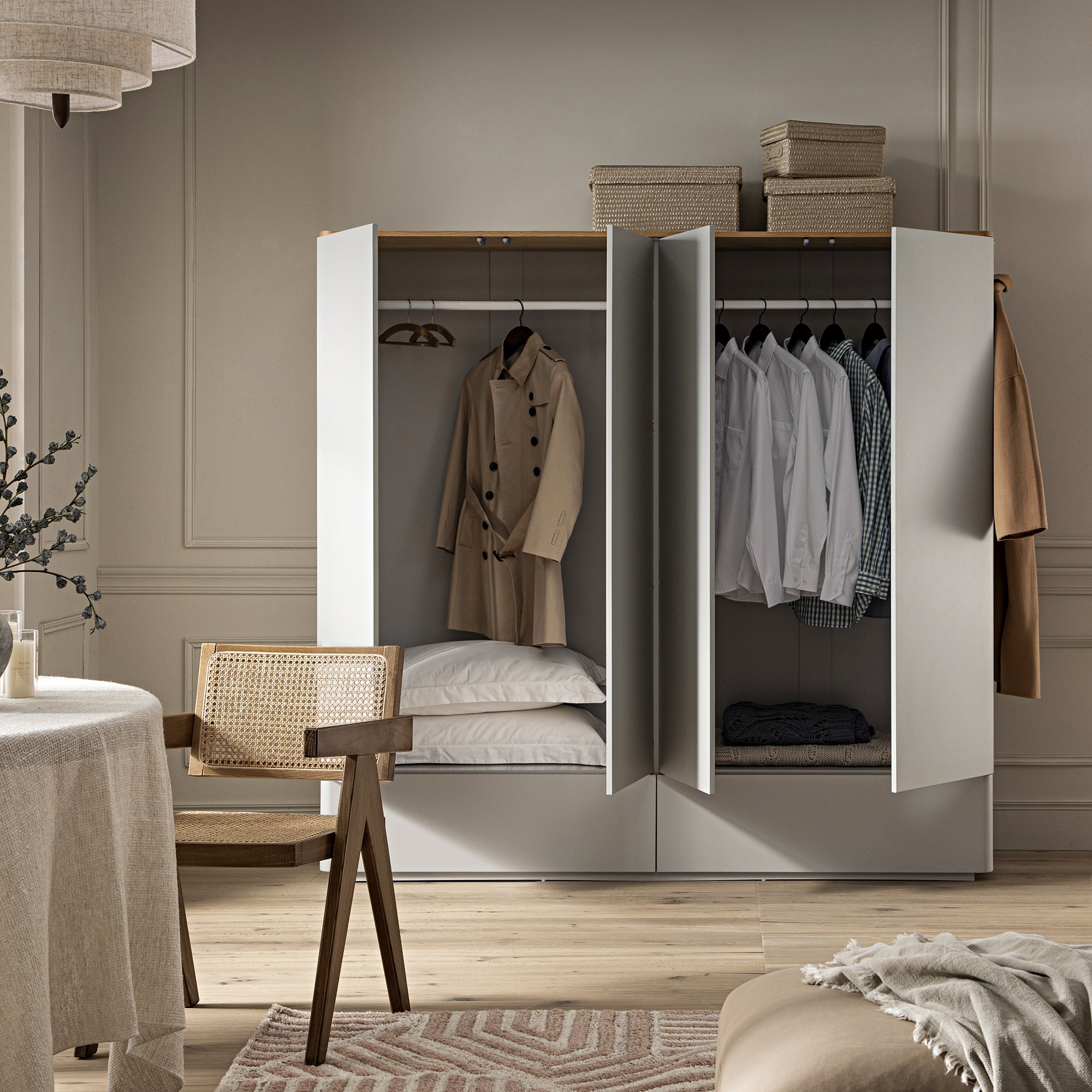 Agnes Curved Edge 4-Door Closet, Dove Grey with Oak Top