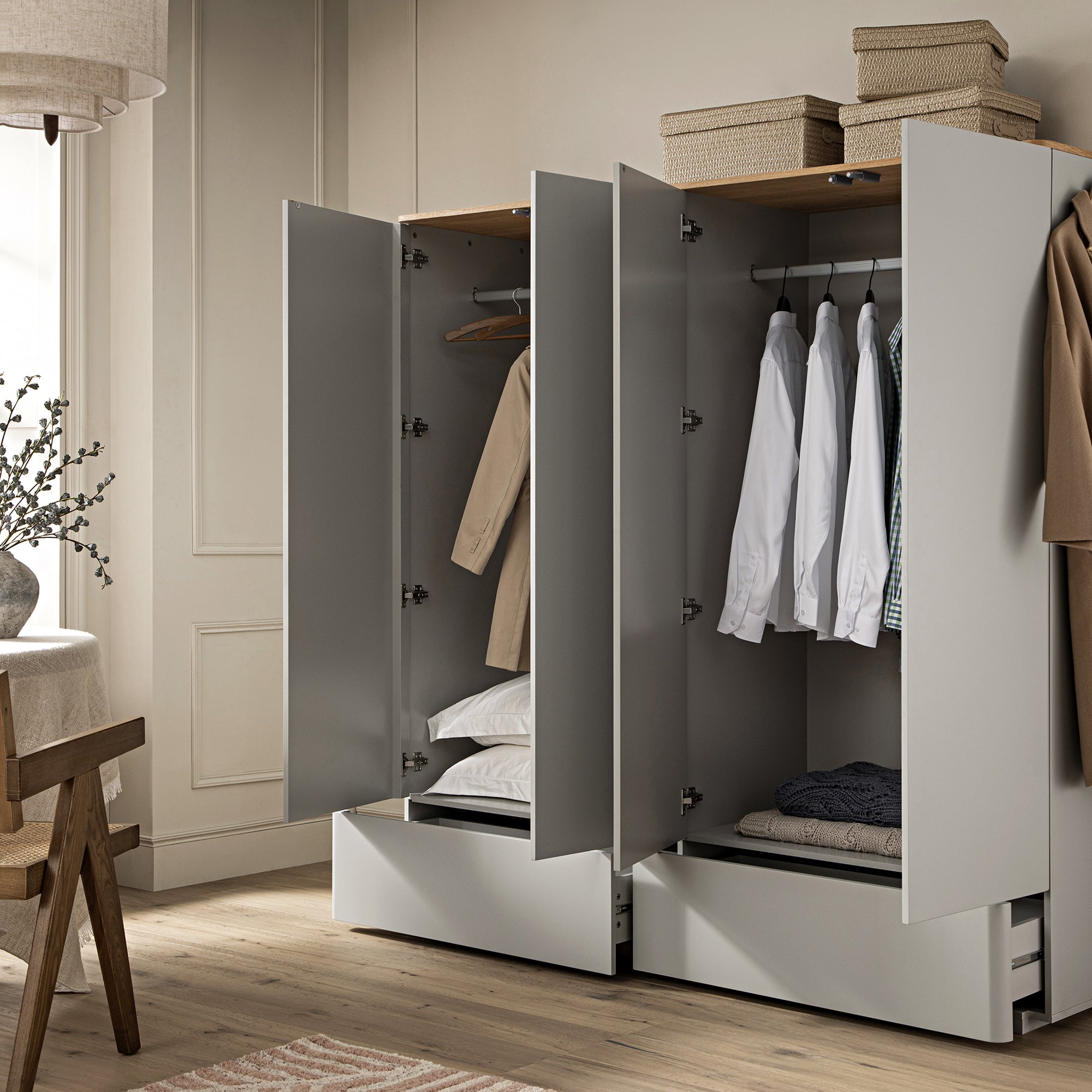 Agnes Curved Edge 4-Door Closet, Dove Grey with Oak Top