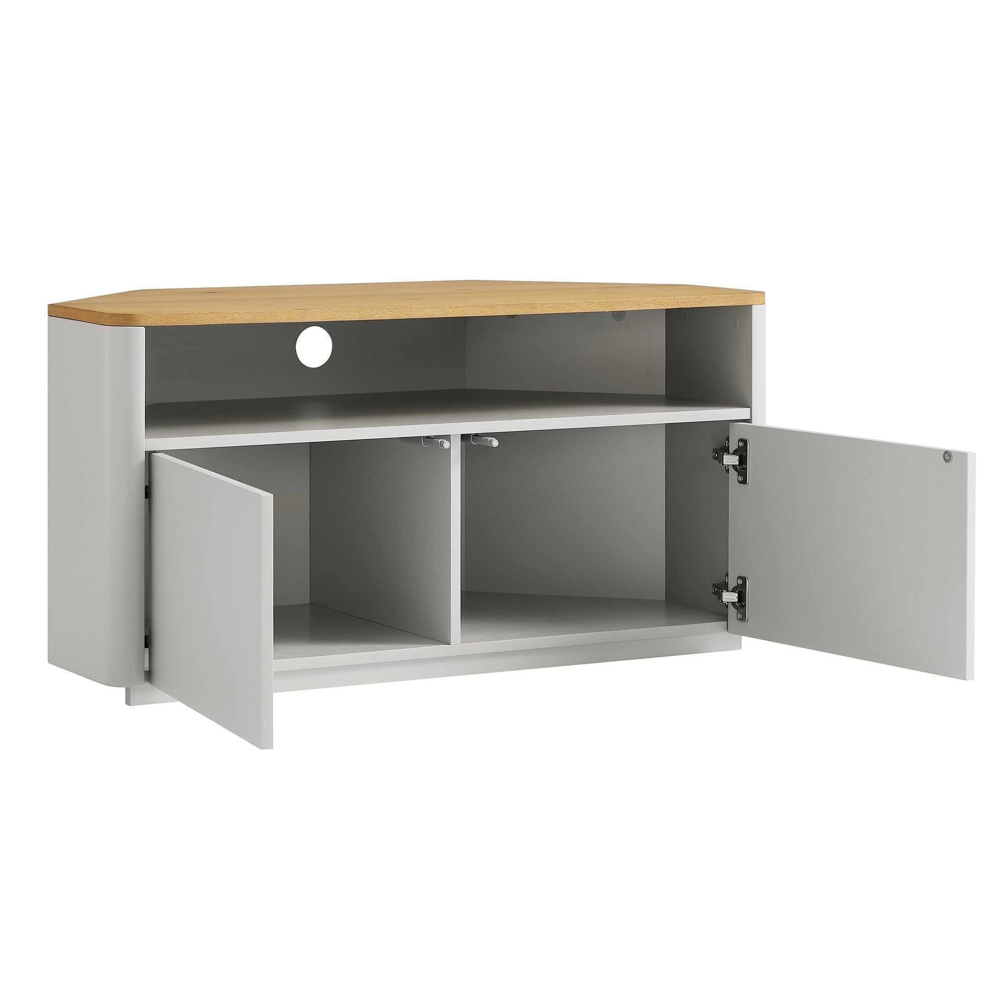 Agnes Curved Edge Corner TV Unit, Dove Grey with Oak Top