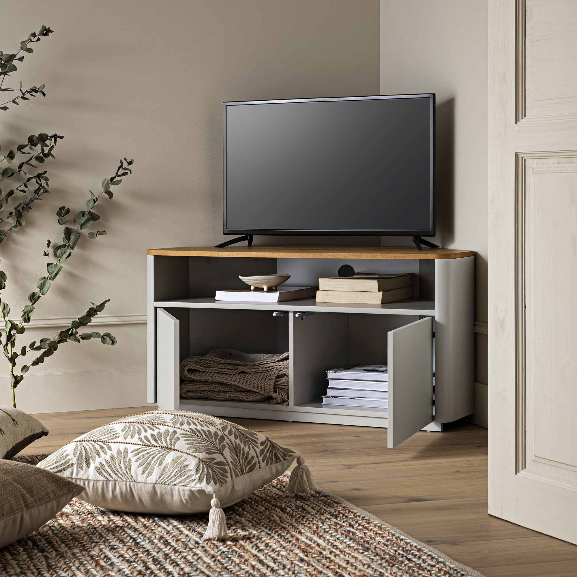 Agnes Curved Edge Corner TV Unit, Dove Grey with Oak Top