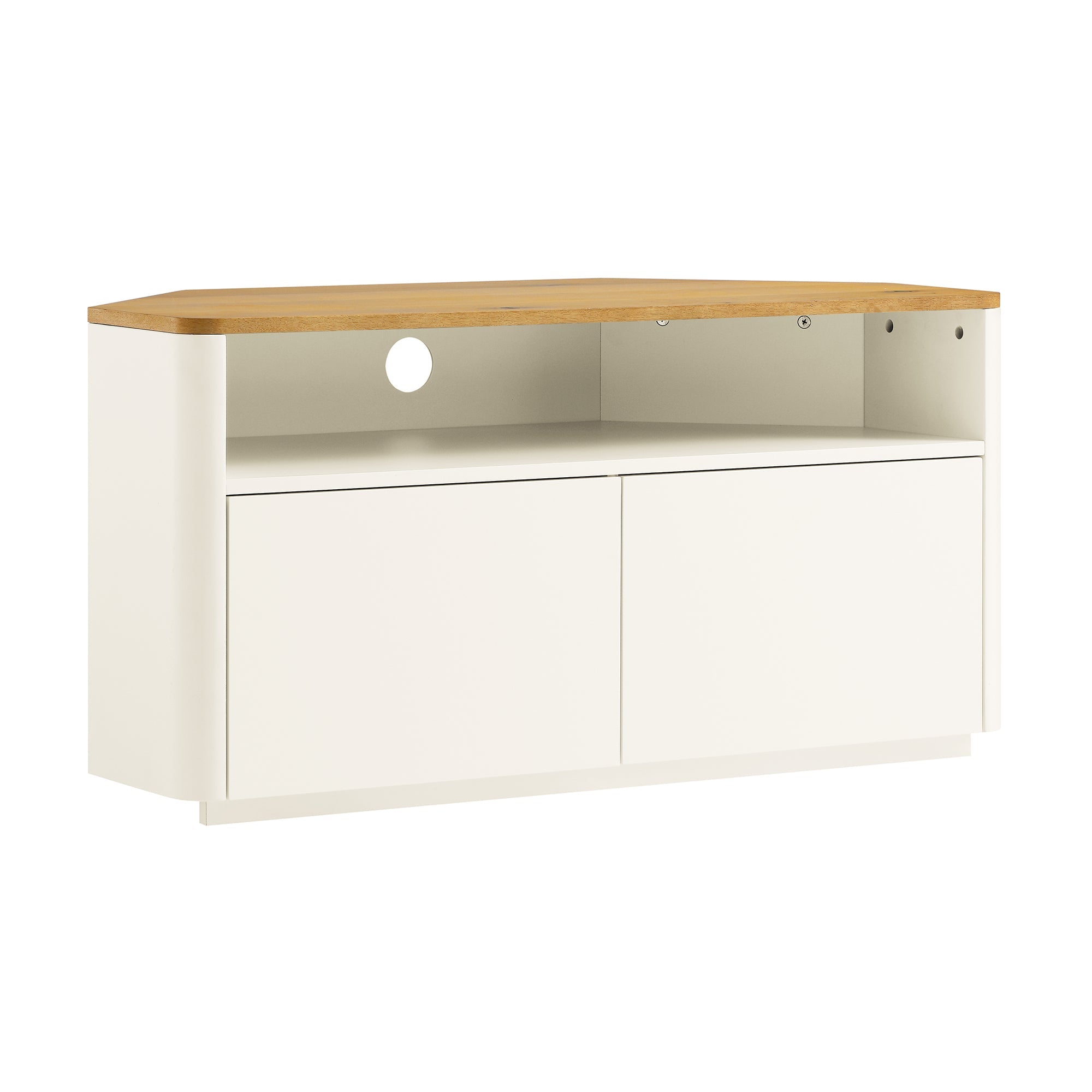 Agnes Curved Edge Corner TV Unit, Off White with Oak Top