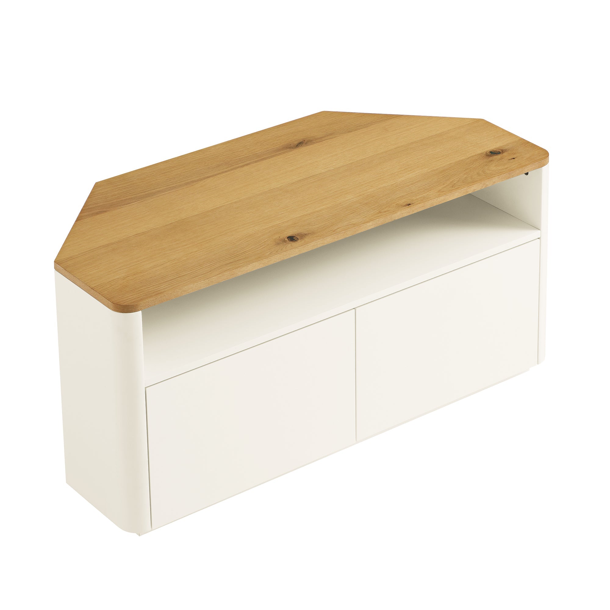 Agnes Curved Edge Corner TV Unit, Off White with Oak Top