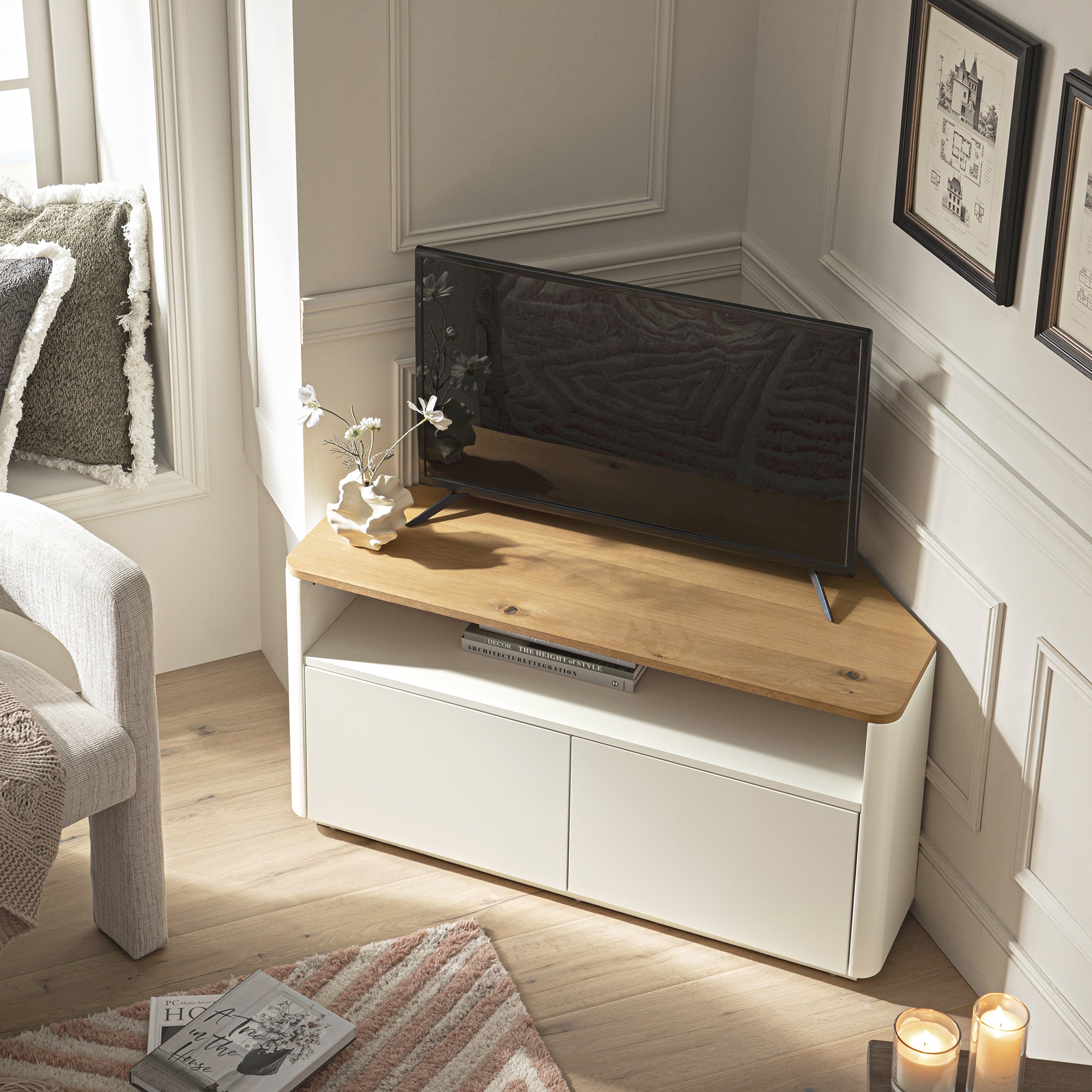 Agnes Curved Edge Corner TV Unit, Off White with Oak Top