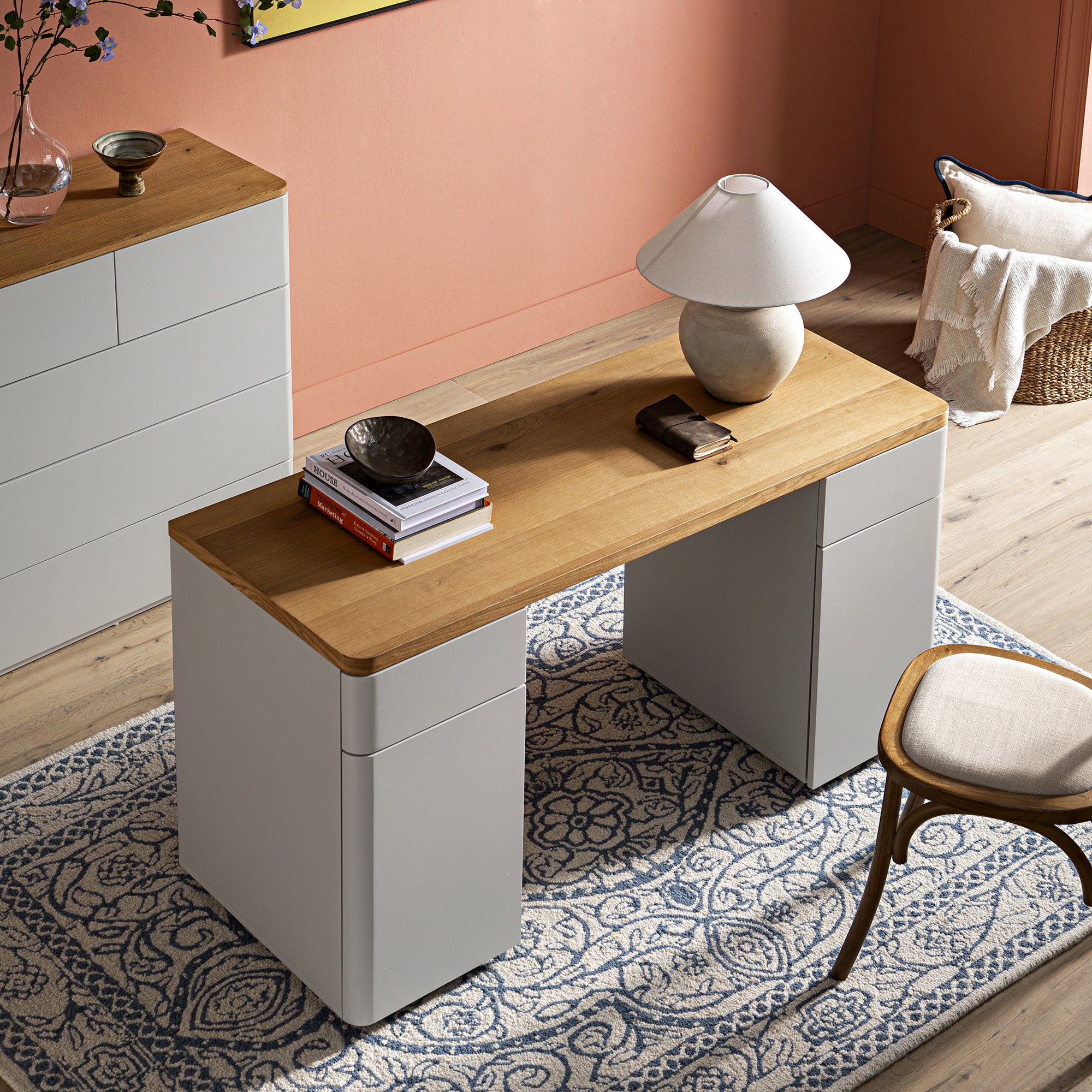 Agnes Curved Edge Desk with Storage, Dove Grey with Oak Top