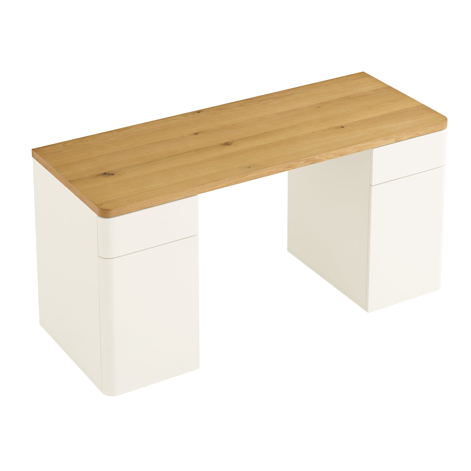 Agnes Curved Edge Desk with Storage, Off White with Oak Top