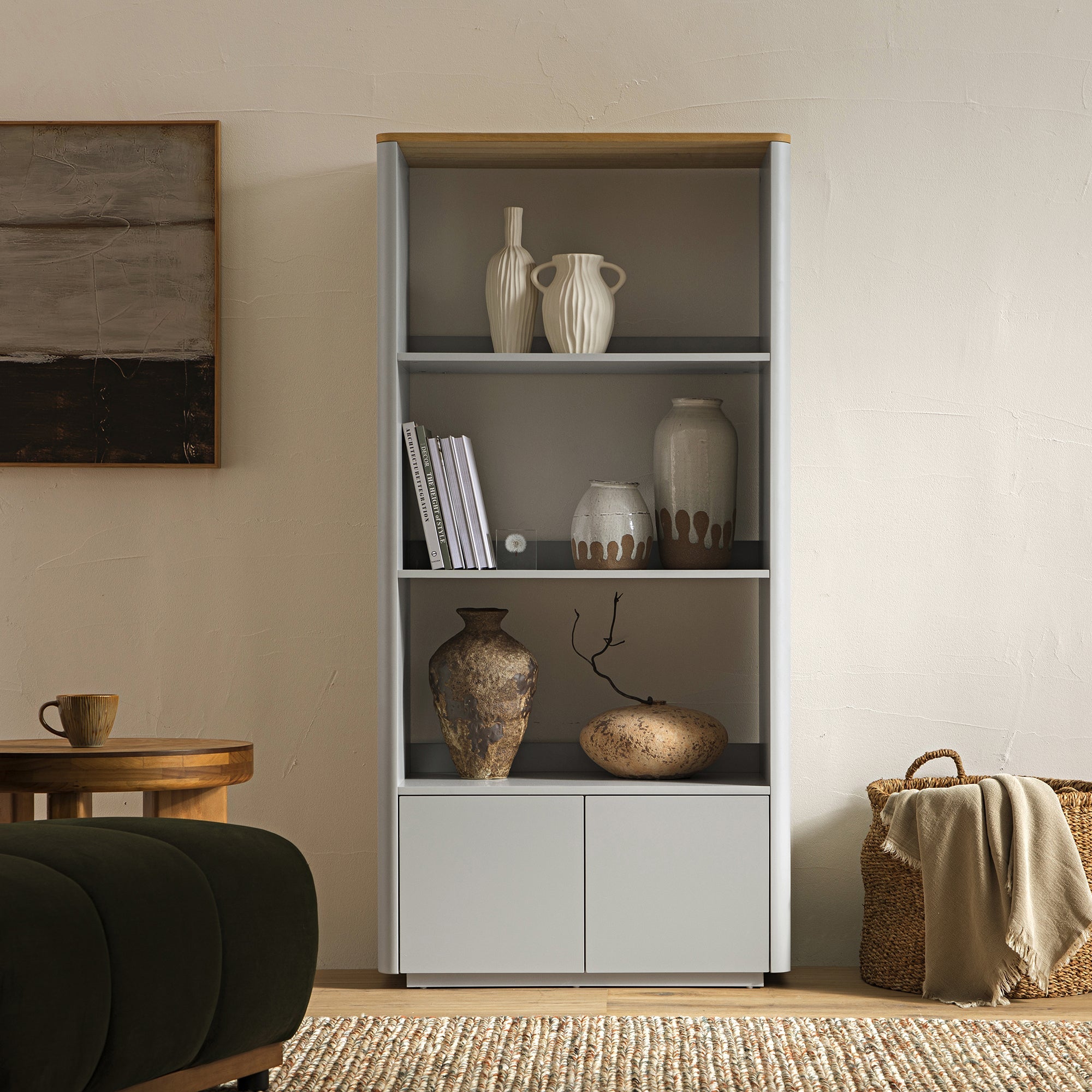 Agnes Curved Edge Bookcase, Dove Grey with Oak Top