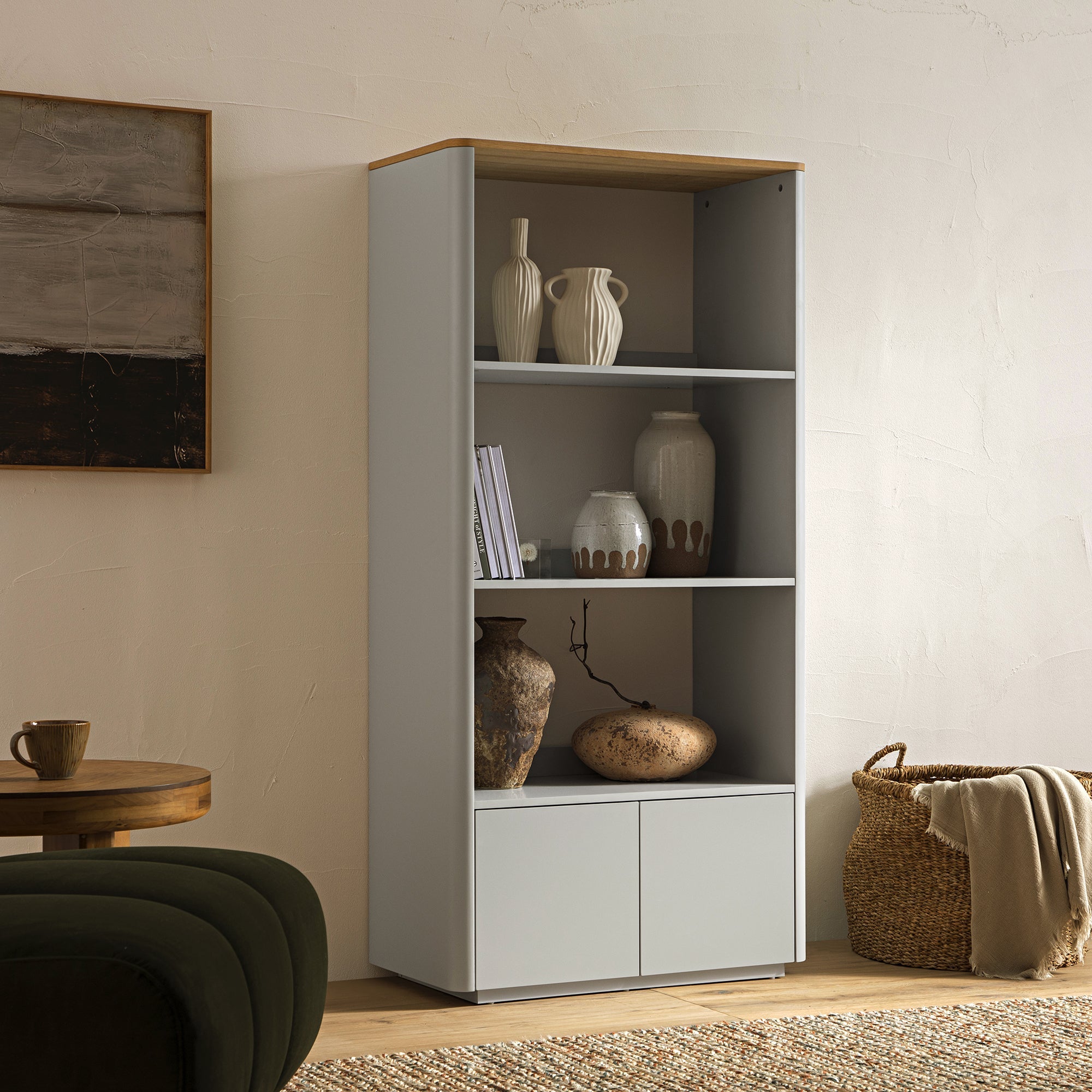 Agnes Curved Edge Bookcase, Dove Grey with Oak Top