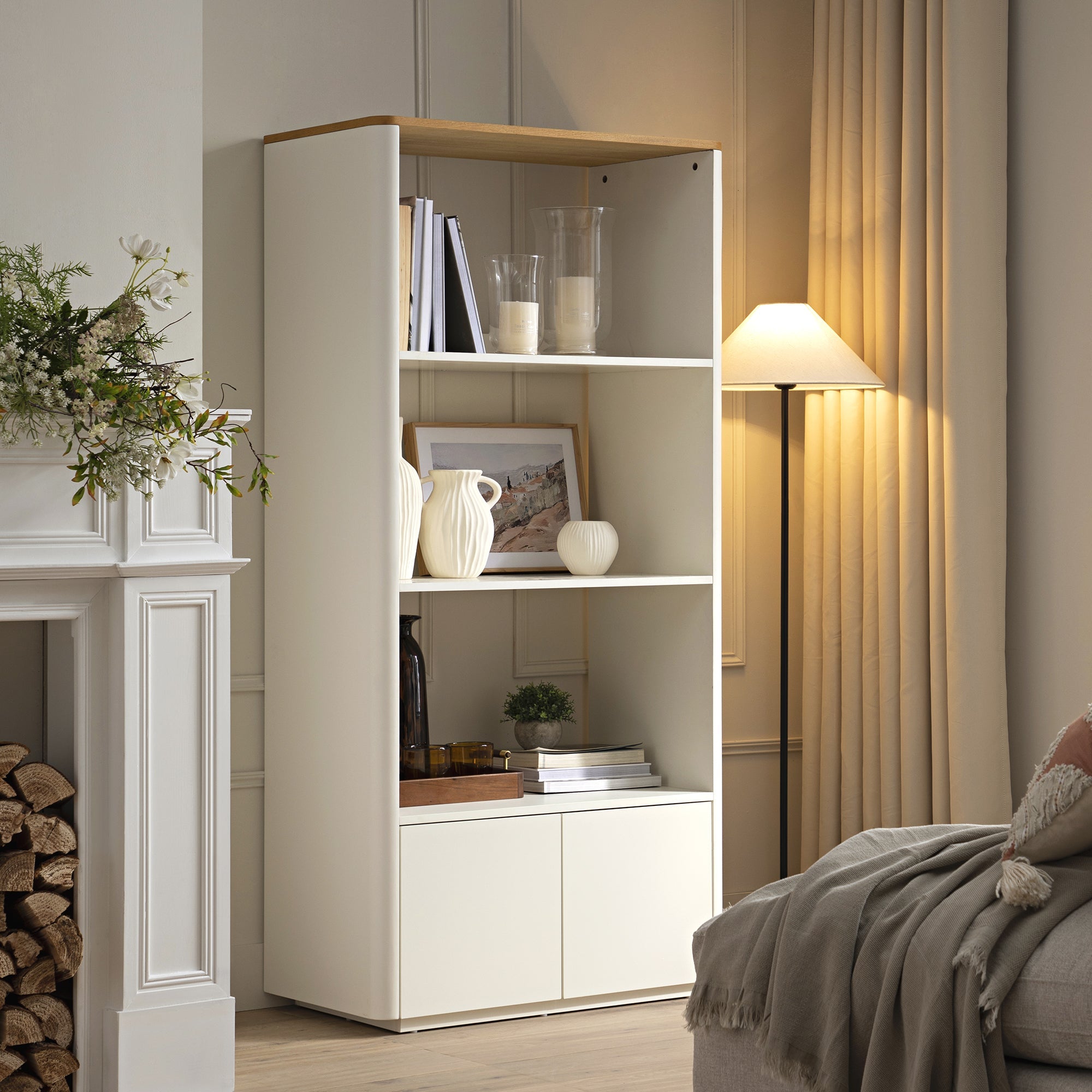 Agnes Curved Edge Bookcase, Off White with Oak Top