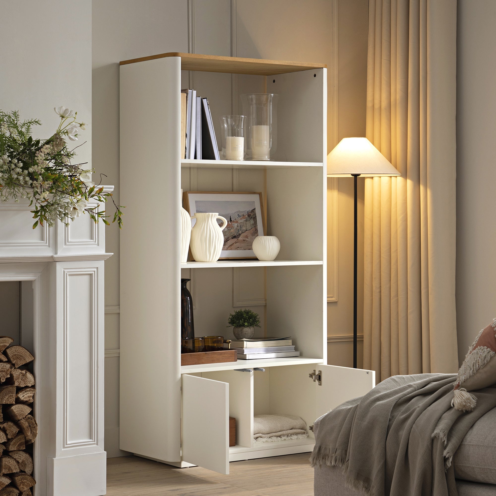 Agnes Curved Edge Bookcase, Off White with Oak Top