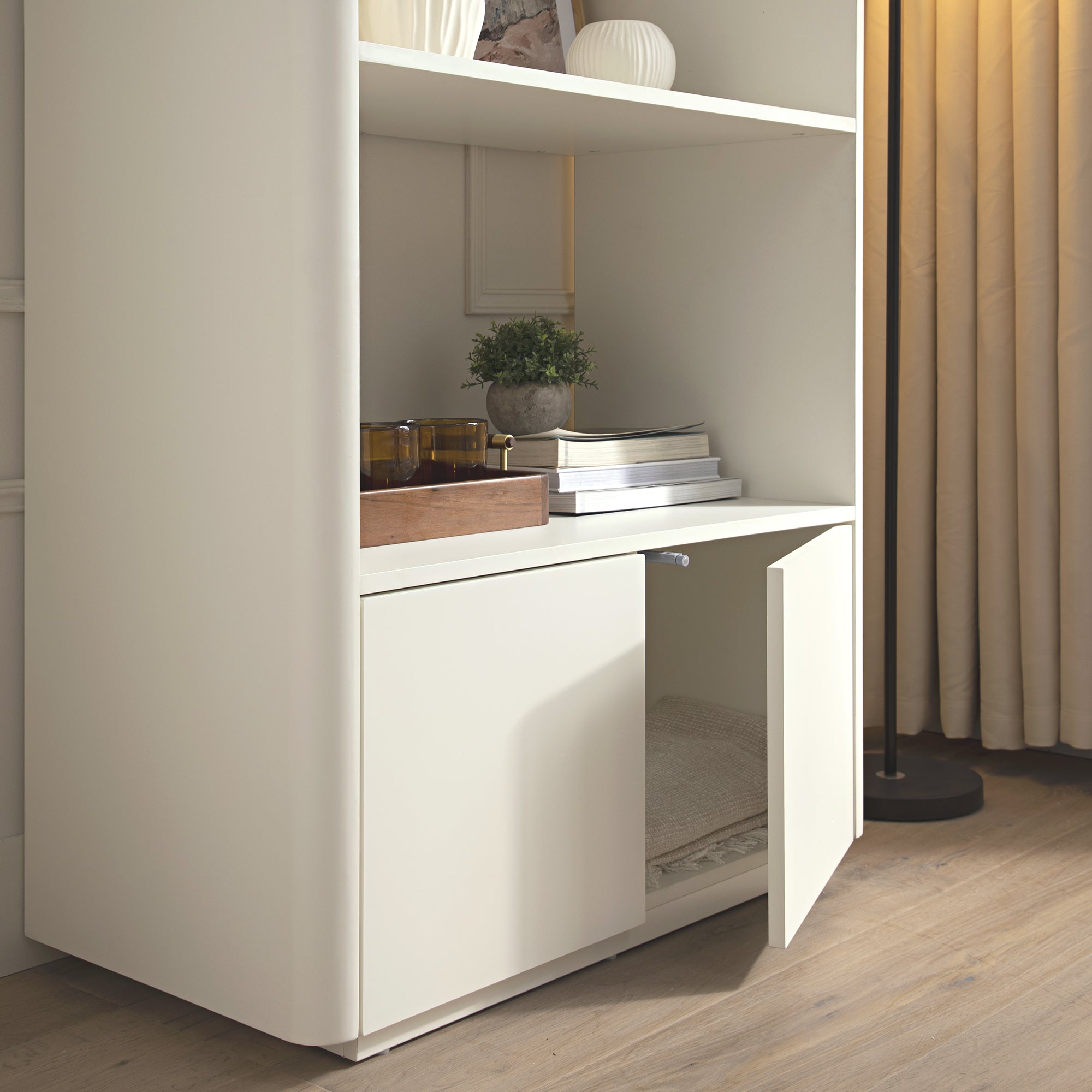 Agnes Curved Edge Bookcase, Off White with Oak Top