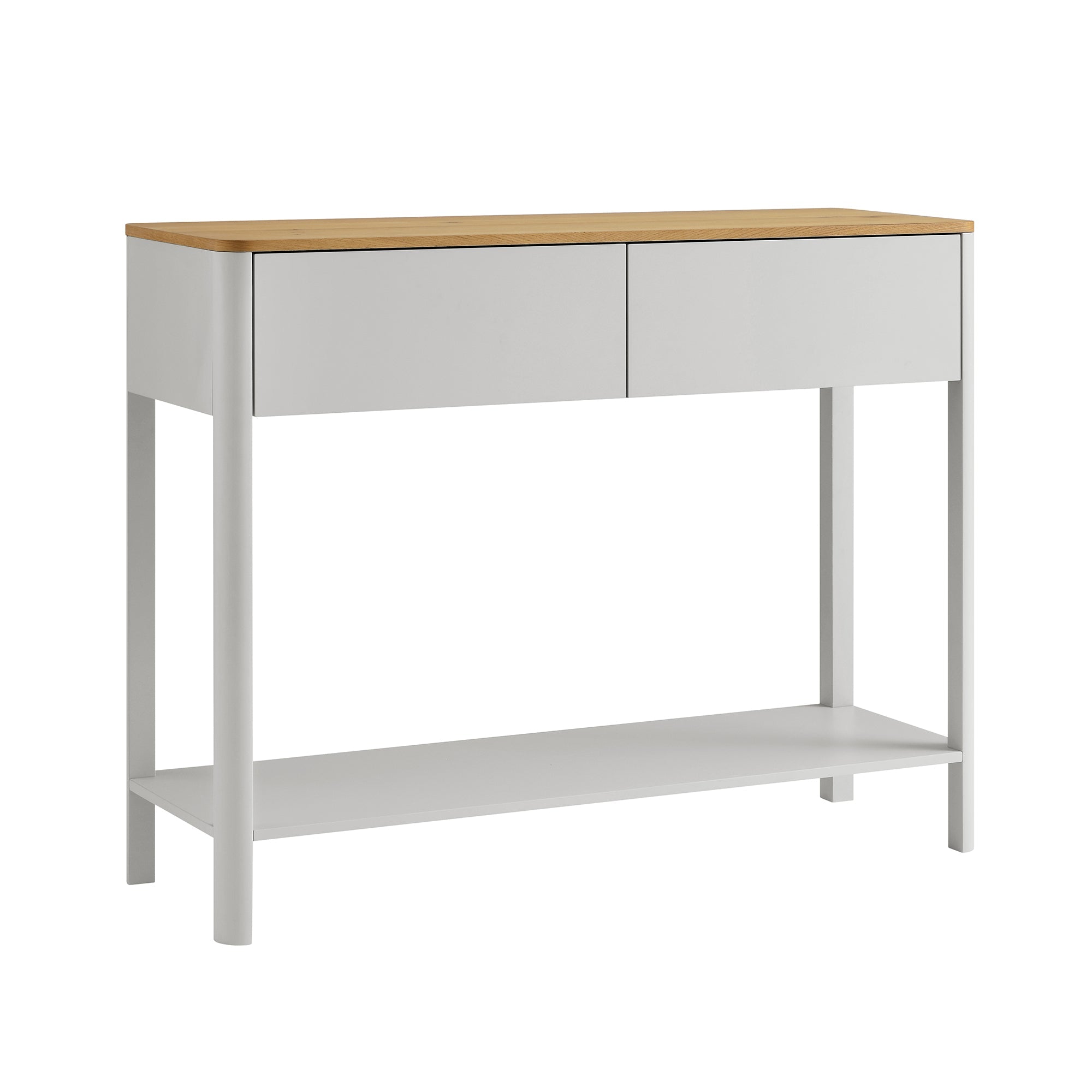 Agnes Curved Edge 2 Drawer Console Table, Dove Grey with Oak Top