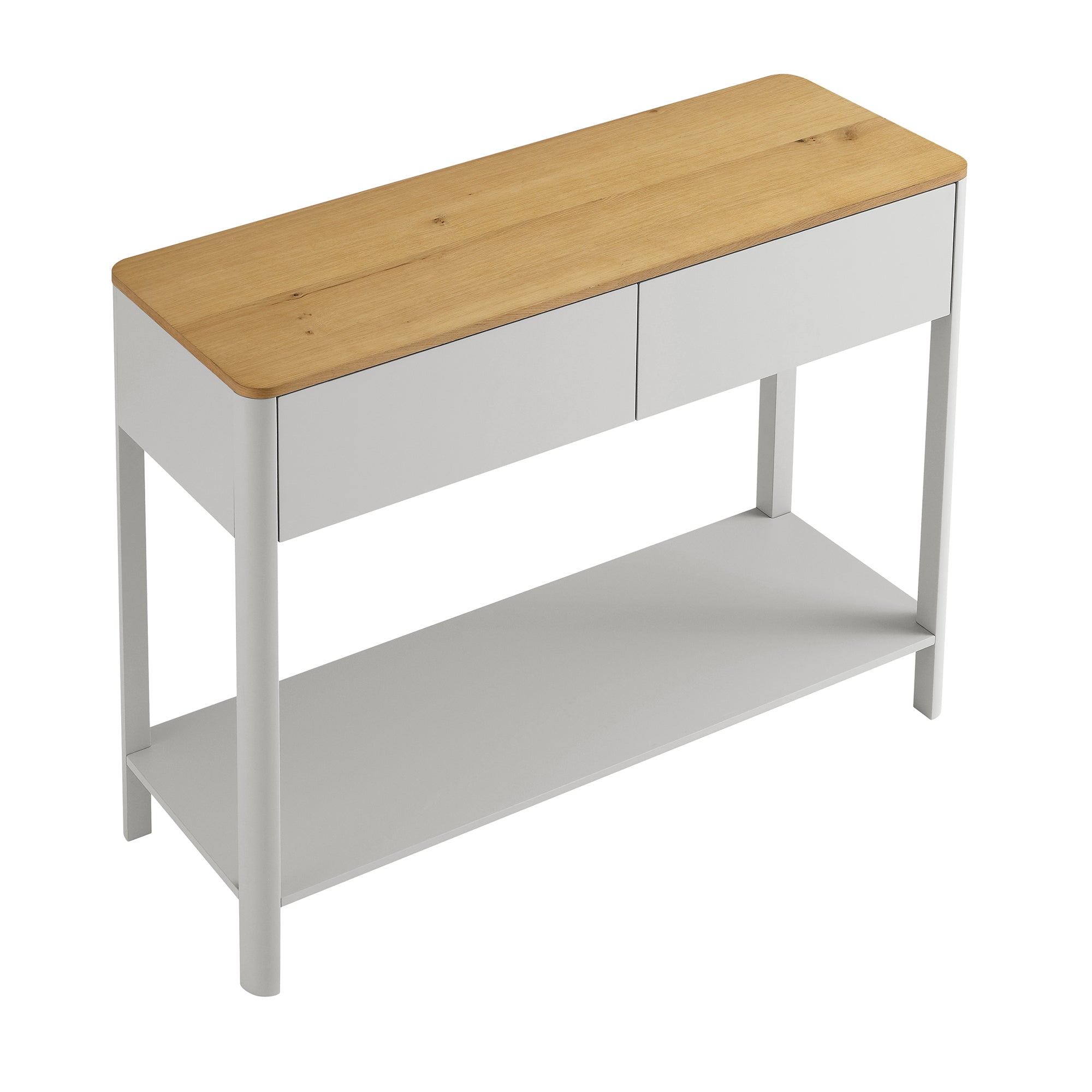 Agnes Curved Edge 2 Drawer Console Table, Dove Grey with Oak Top