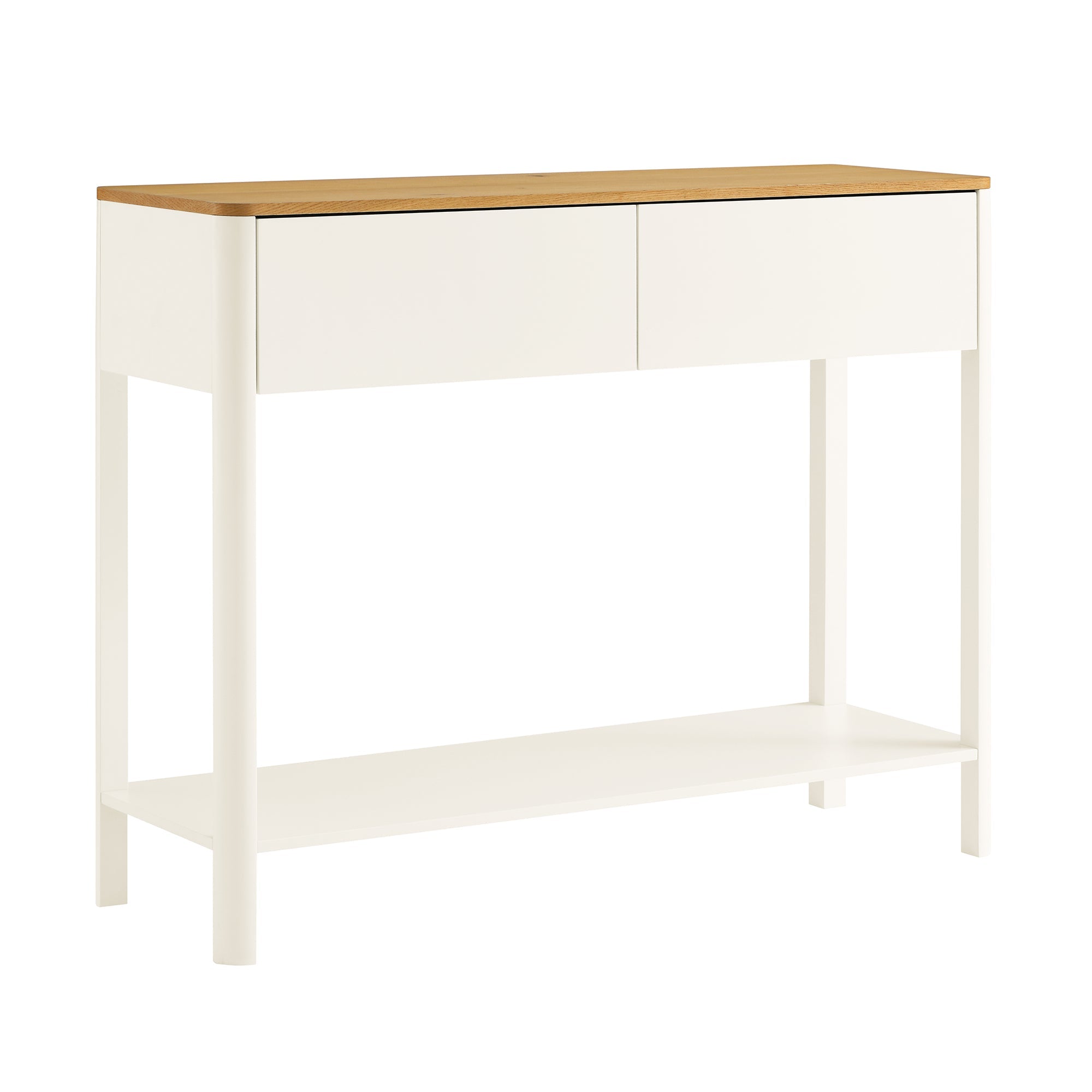 Agnes Curved Edge 2 Drawer Console Table, Off White with Oak Top