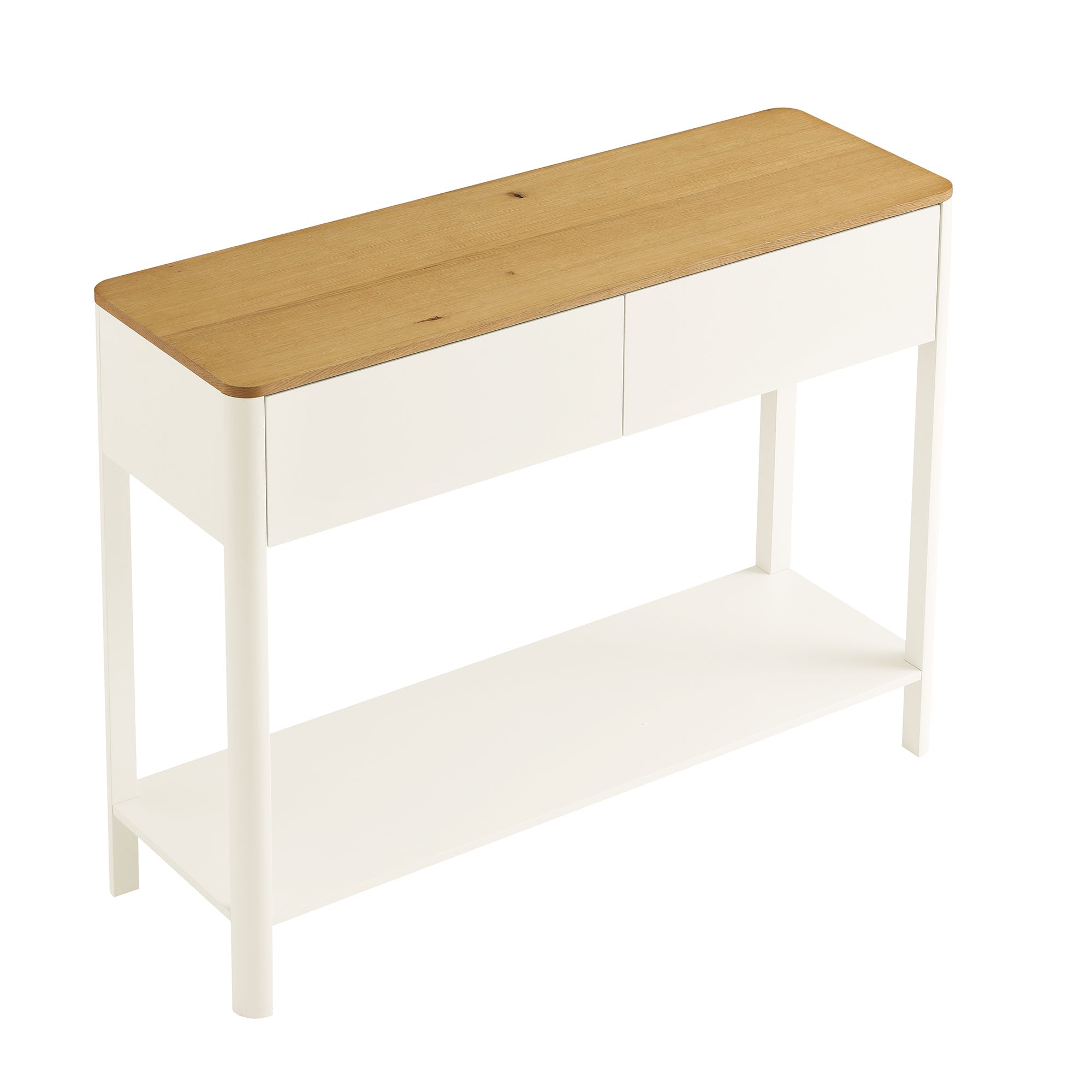 Agnes Curved Edge 2 Drawer Console Table, Off White with Oak Top