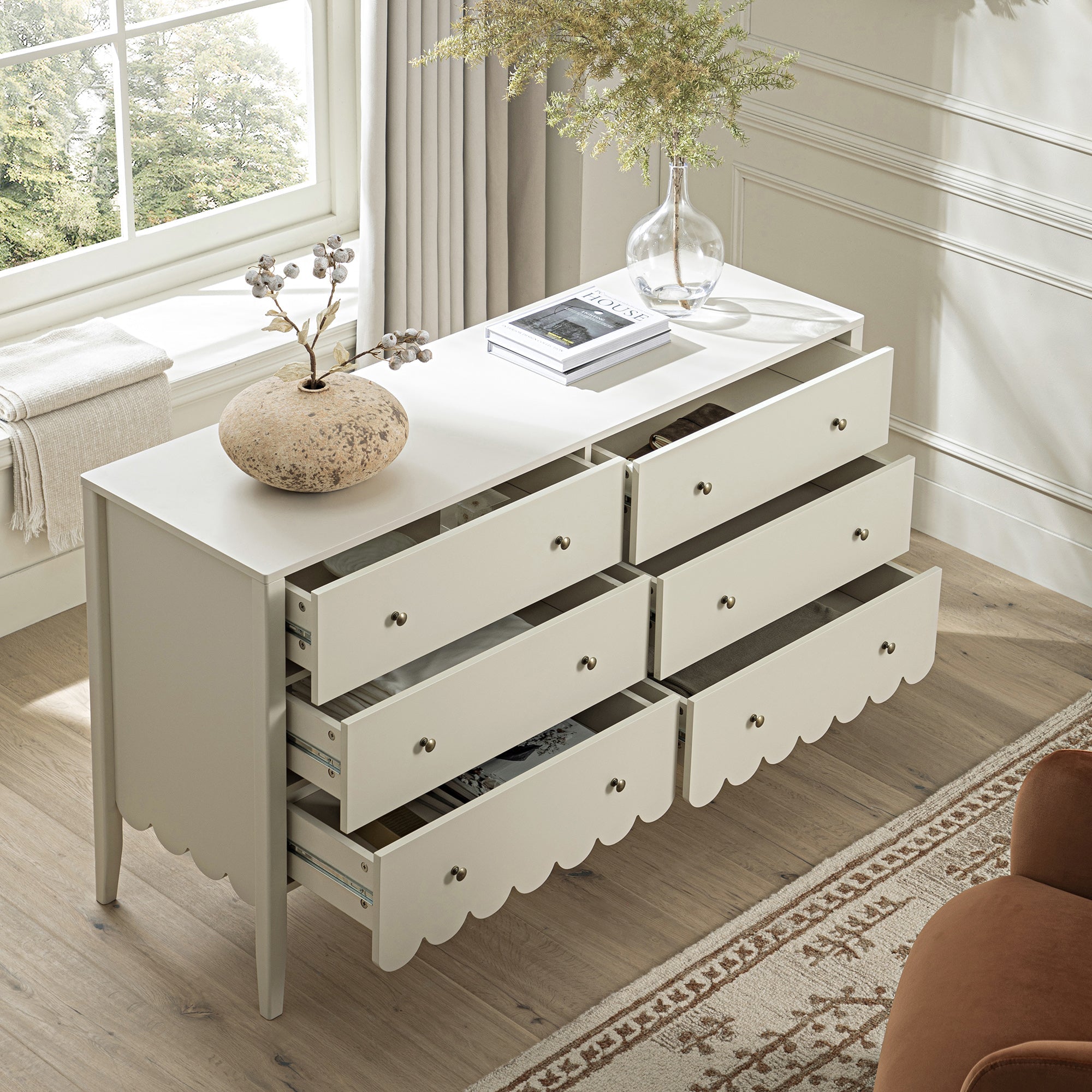 Henley Scalloped Edge 6 Drawer Wide Dresser, Light Sand