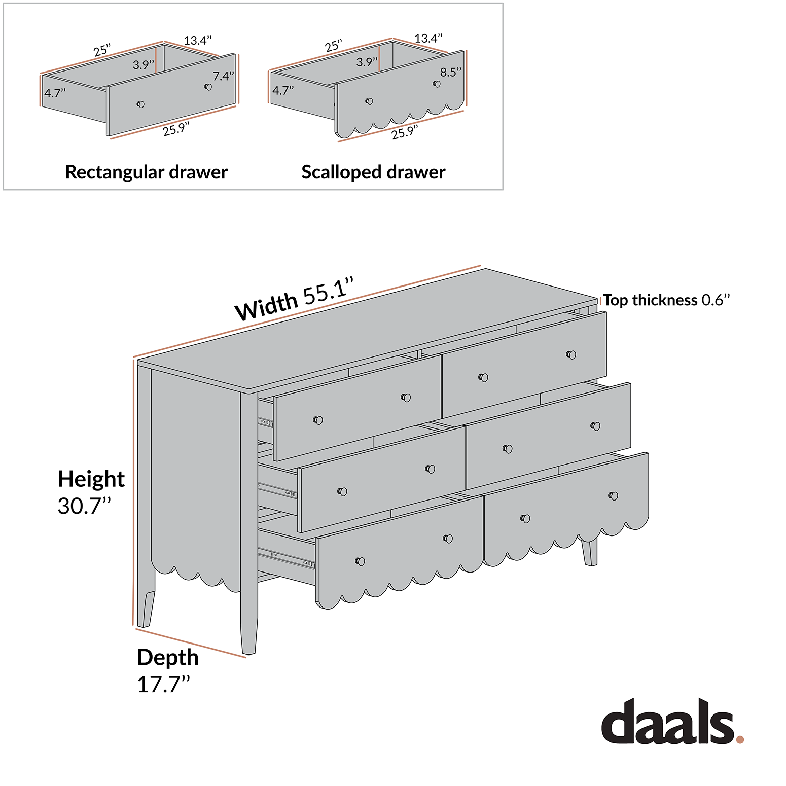 Henley Scalloped Edge 6 Drawer Wide Dresser, Sage Green