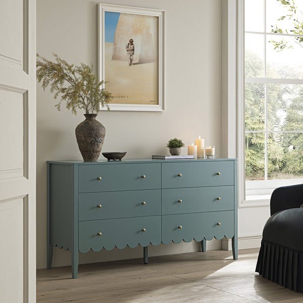 Henley Scalloped Edge 6 Drawer Wide Dresser, Blue Spruce