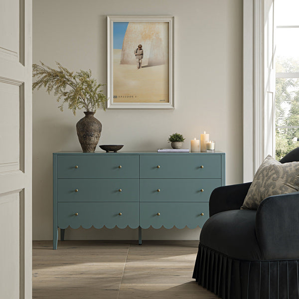 Henley Scalloped Edge 6 Drawer Wide Dresser, Blue Spruce