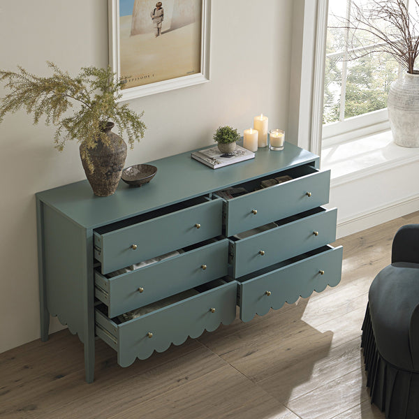 Henley Scalloped Edge 6 Drawer Wide Dresser, Blue Spruce