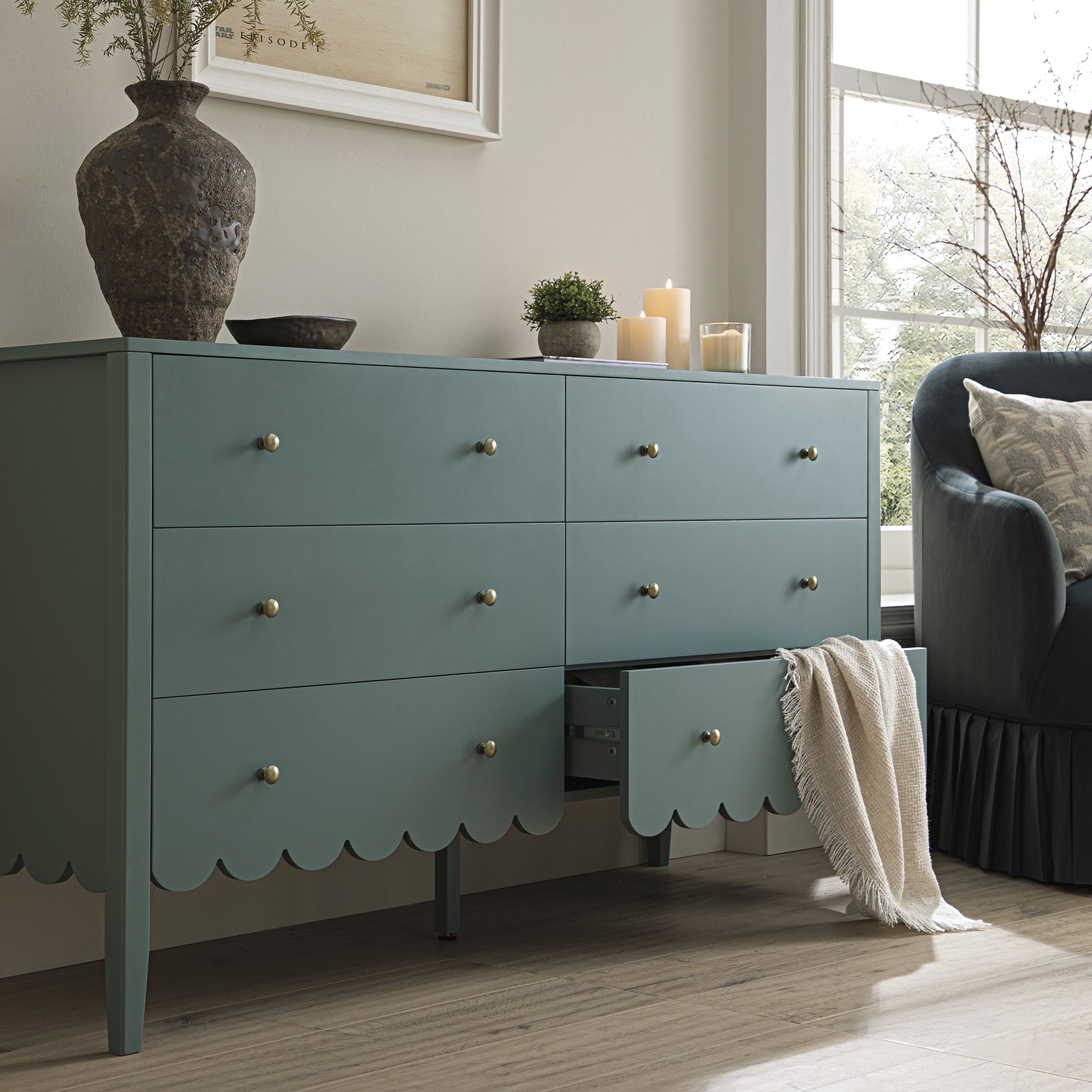 Henley Scalloped Edge 6 Drawer Wide Dresser, Blue Spruce