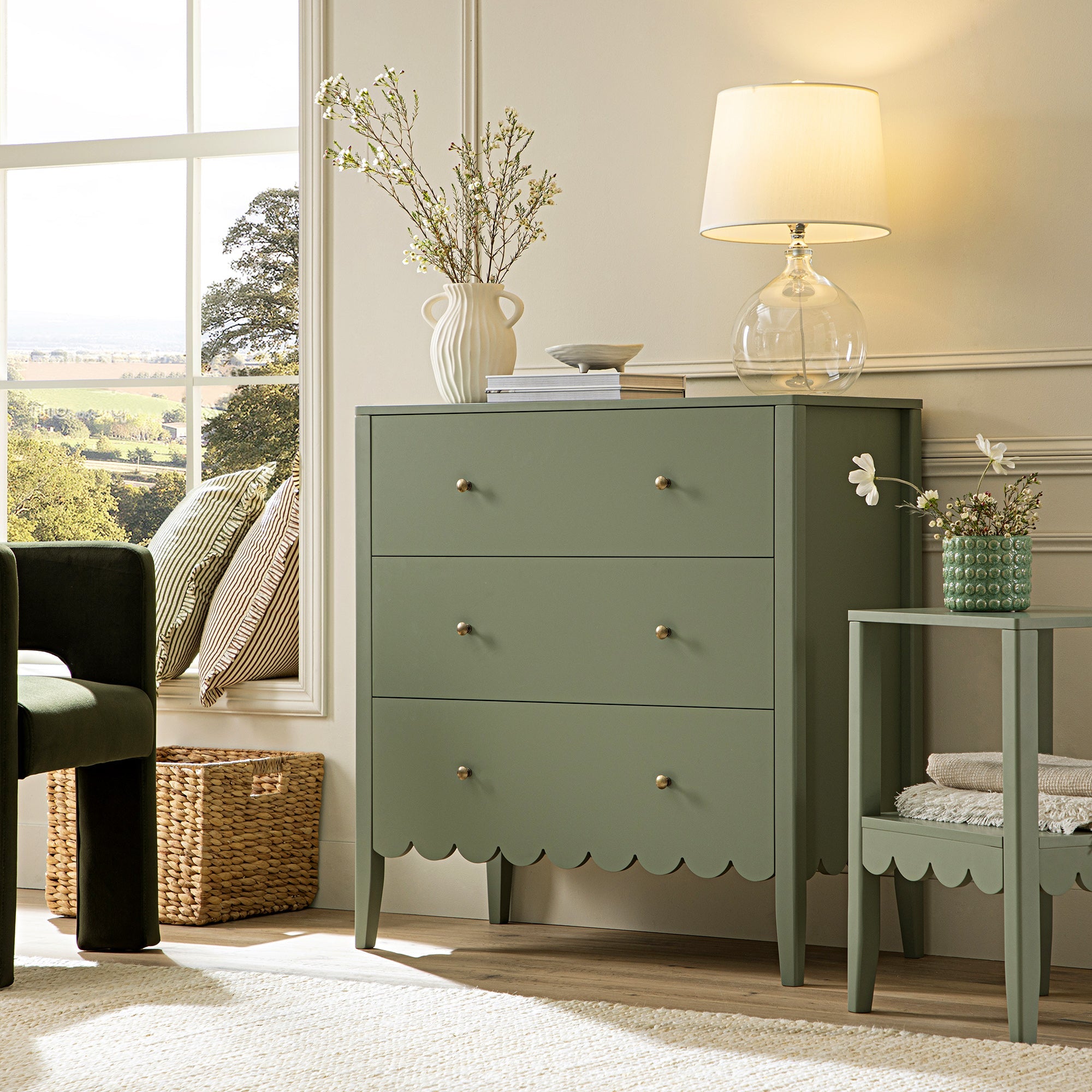 Henley Scalloped Edge 3 Drawer Dresser, Sage Green