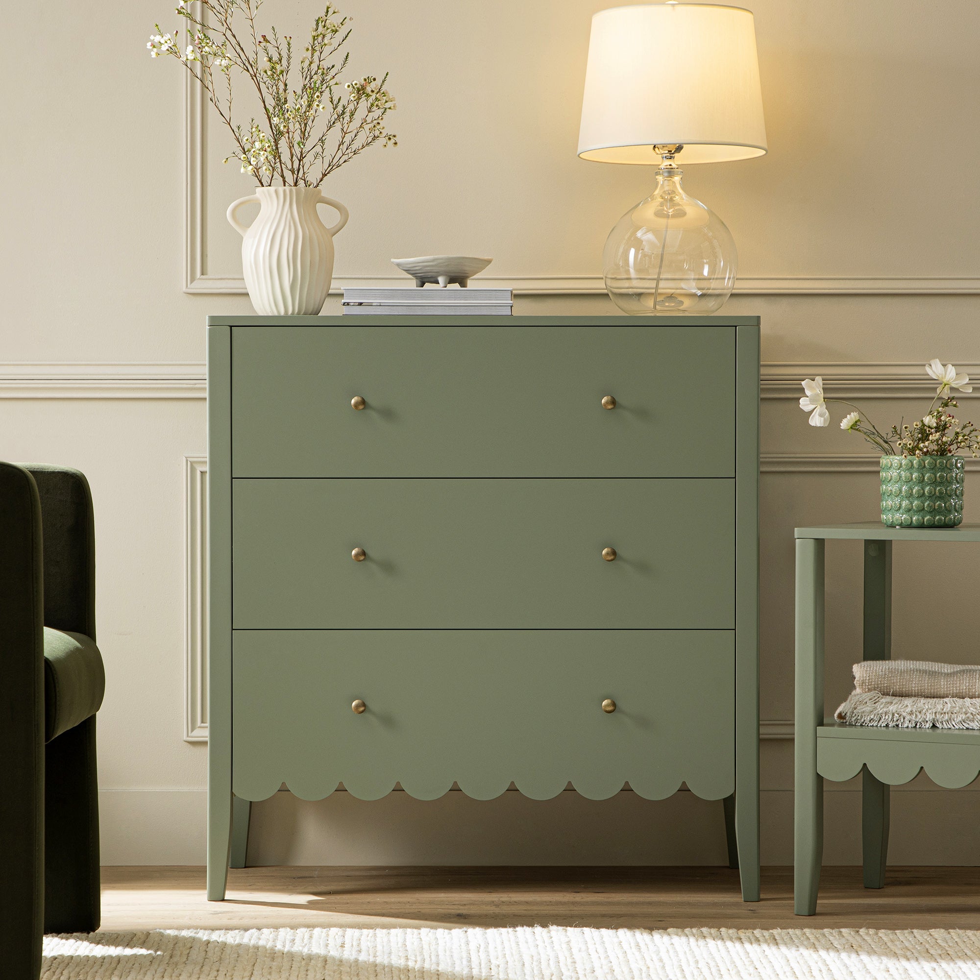 Henley Scalloped Edge 3 Drawer Dresser, Sage Green