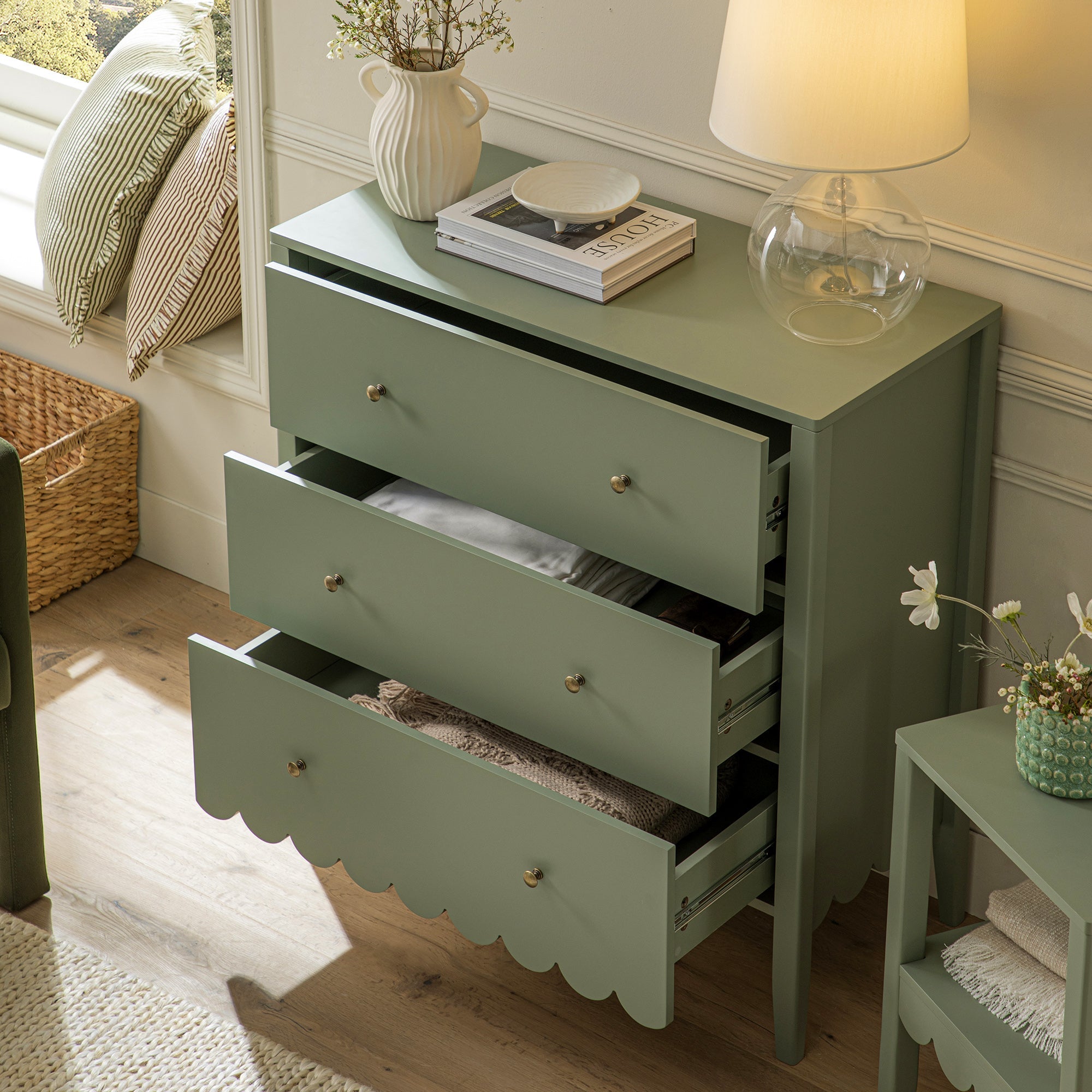 Henley Scalloped Edge 3 Drawer Dresser, Sage Green