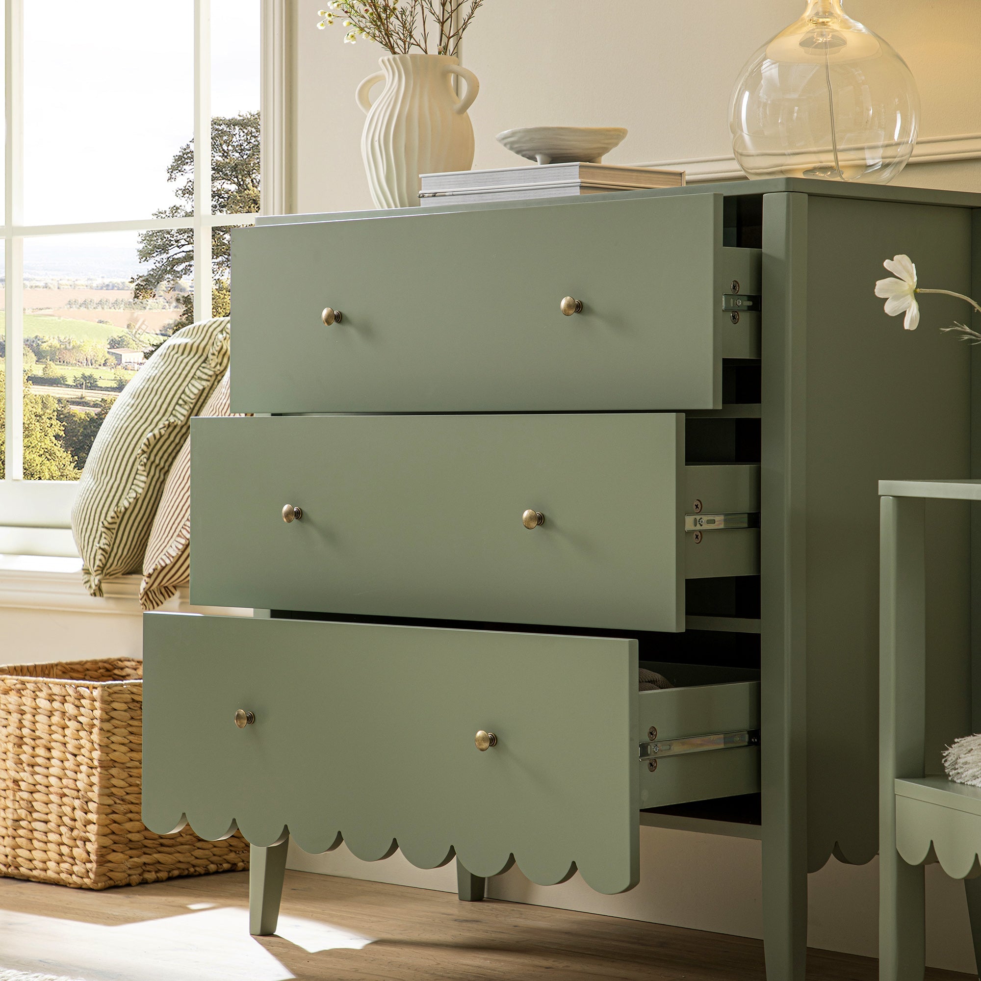 Henley Scalloped Edge 3 Drawer Dresser, Sage Green