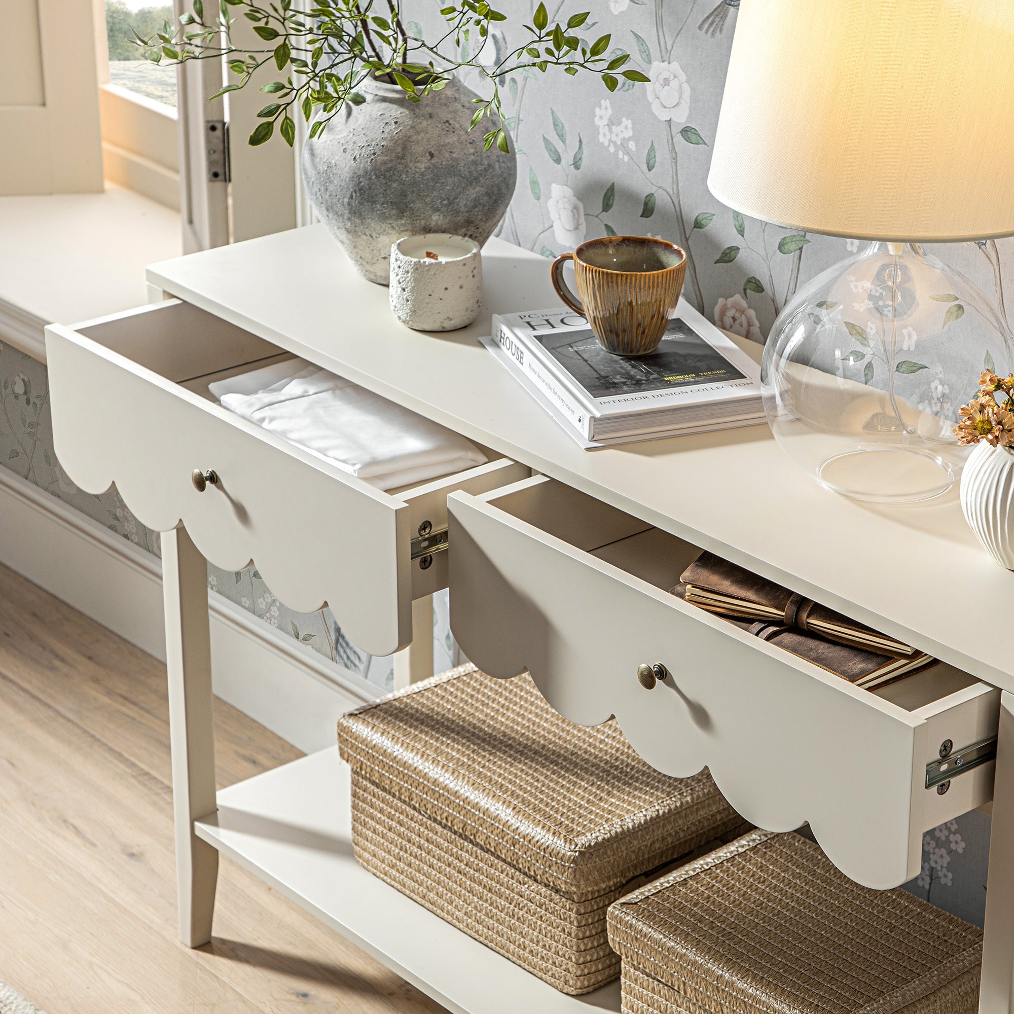 Henley Scalloped Edge Console Table, Light Sand