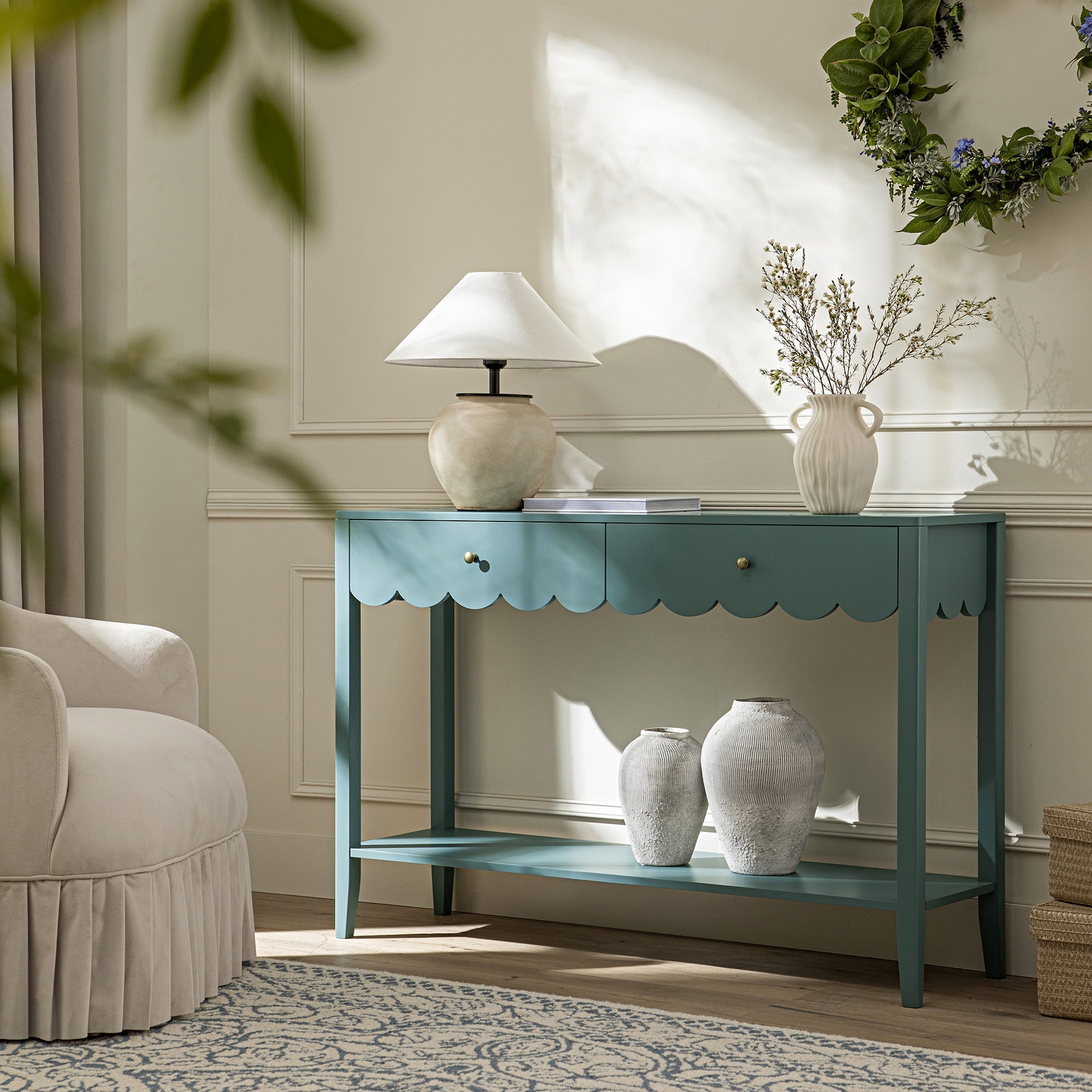 Henley Scalloped Edge Console Table, Blue Spruce