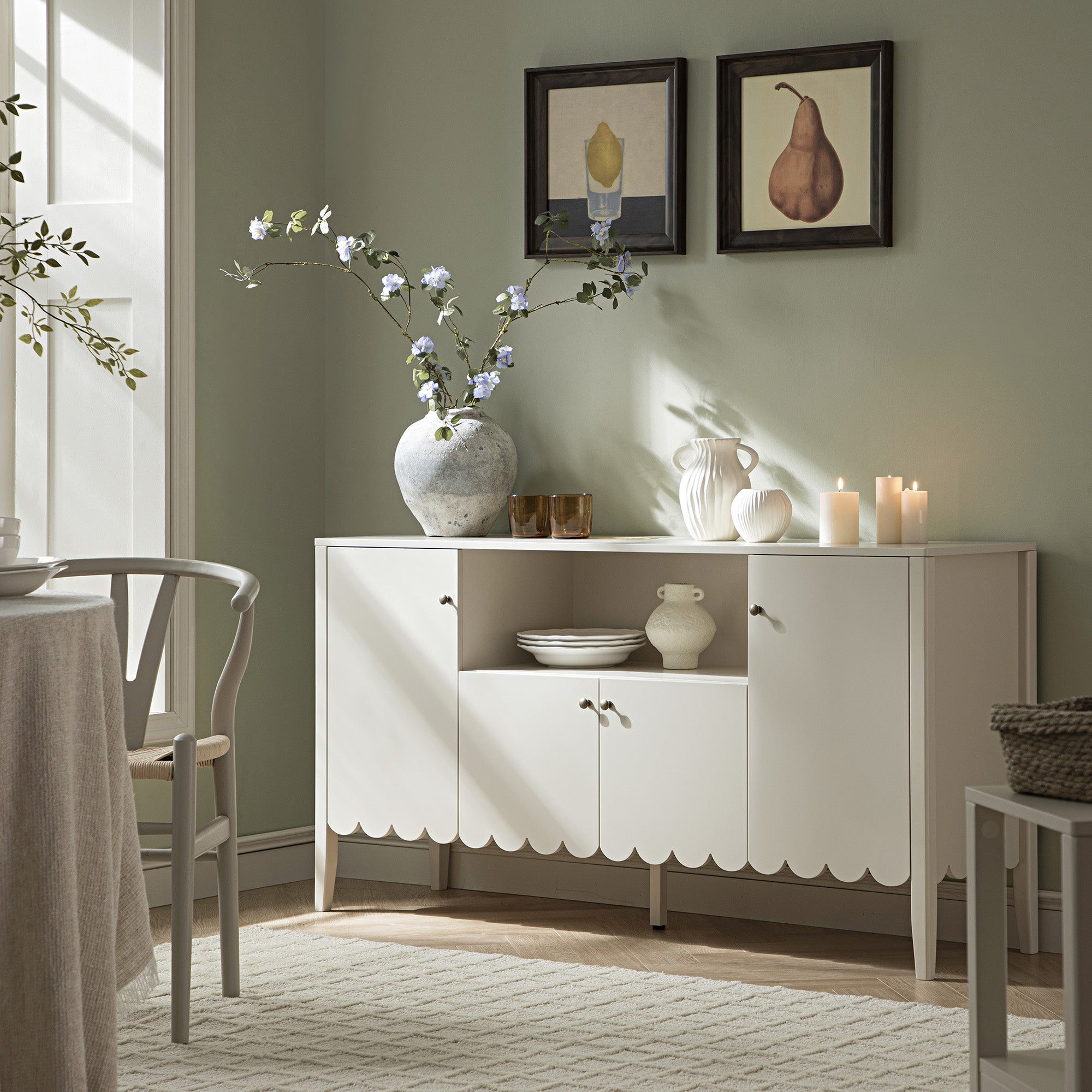 Henley Scalloped Edge 59 in. Wide Sideboard with Open Shelf, Light Sand