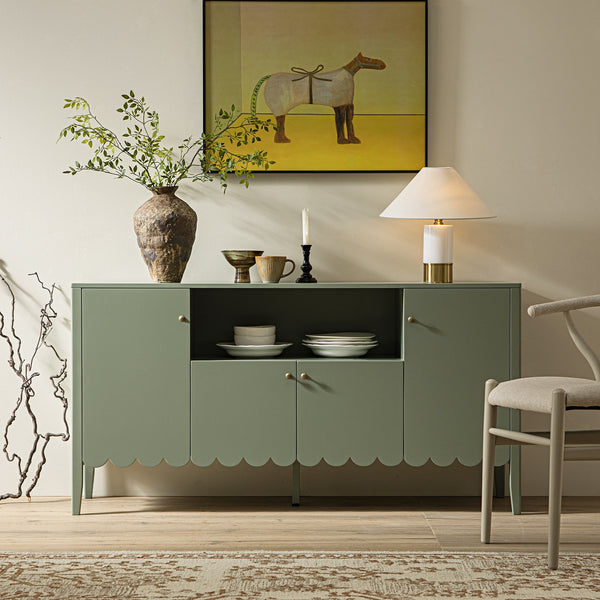 Henley Scalloped Edge 59 in. Wide Sideboard with Open Shelf, Sage Green