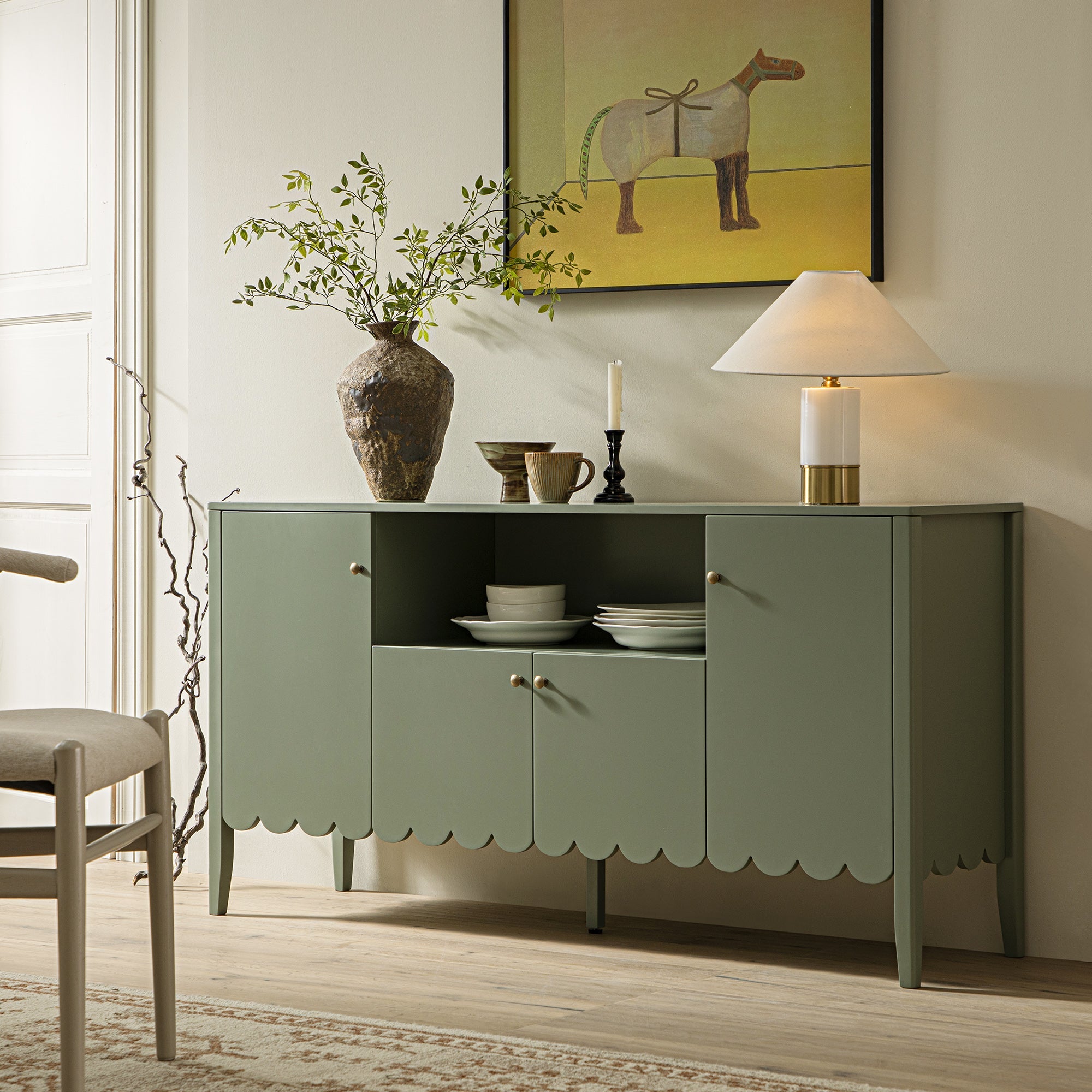 Henley Scalloped Edge 59 in. Wide Sideboard with Open Shelf, Sage Green