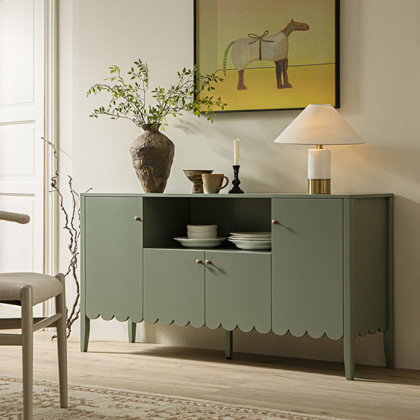 Henley Scalloped Edge 59 in. Wide Sideboard with Open Shelf, Sage Green