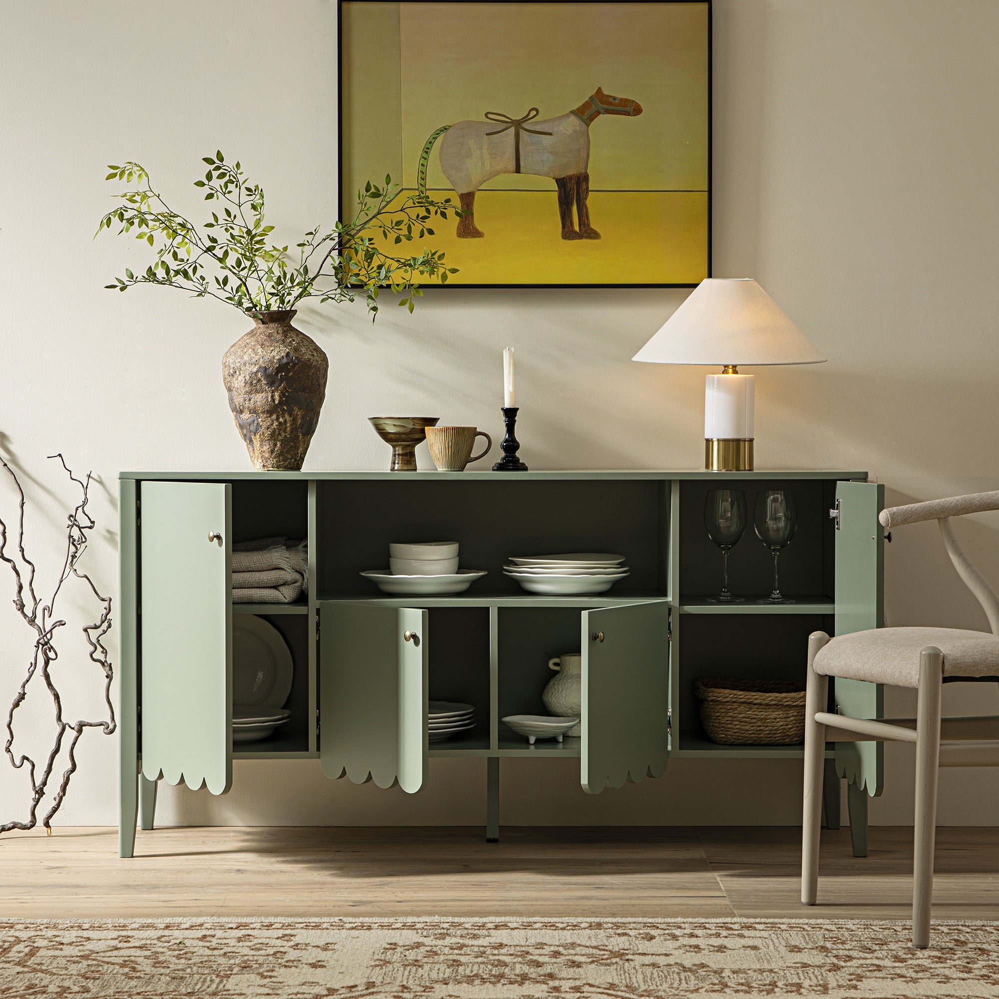 Henley Scalloped Edge 59 in. Wide Sideboard with Open Shelf, Sage Green