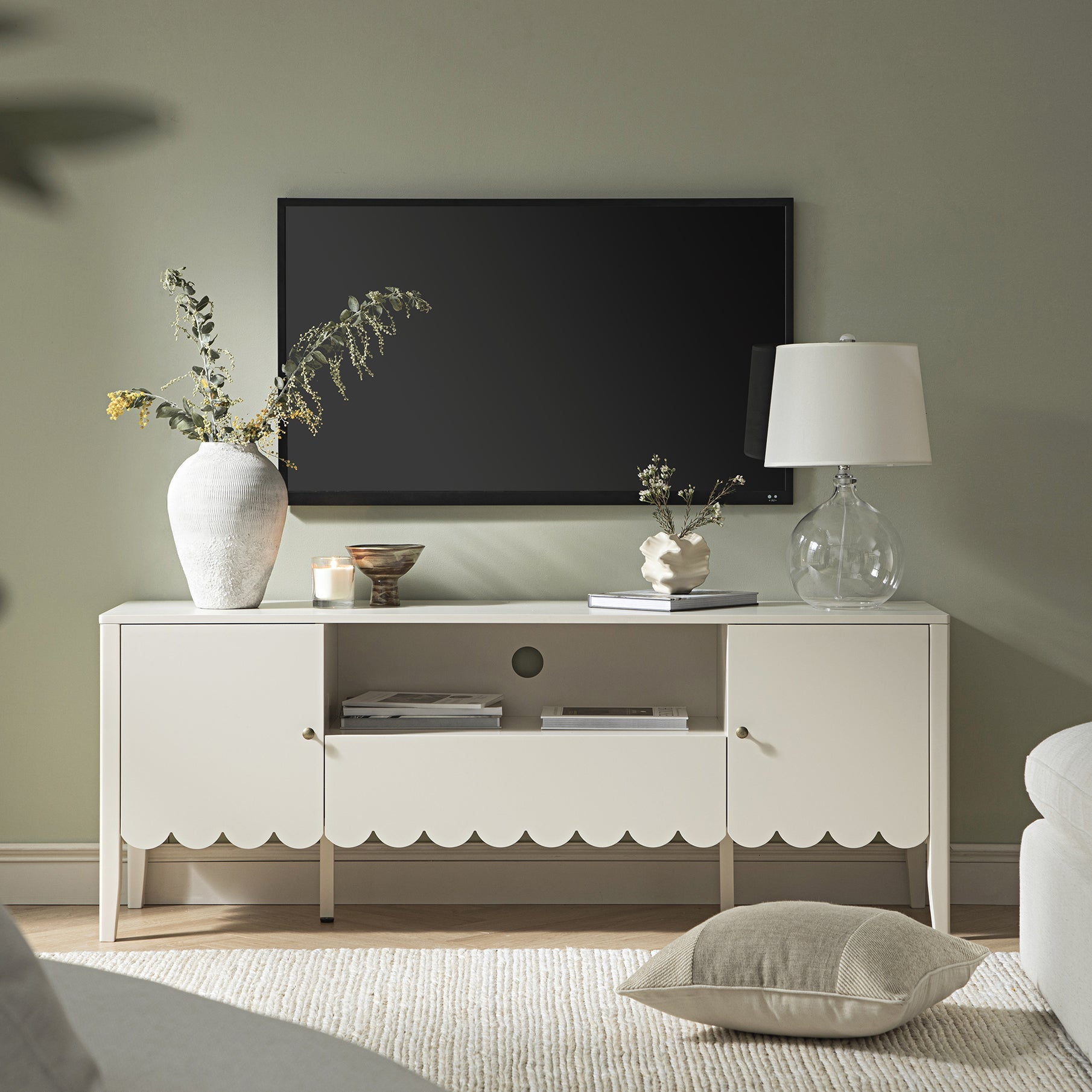 Henley Scalloped Edge 59 in. Wide TV Unit, Light Sand