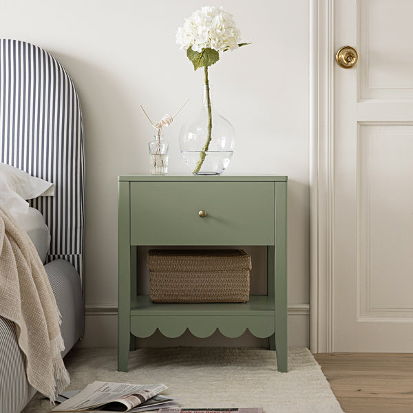 Henley Scalloped Edge Nightstand with Drawer, Sage Green