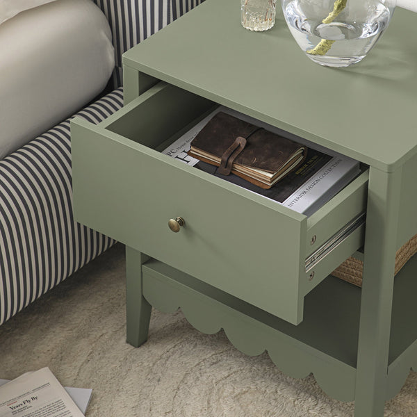 Henley Scalloped Edge Nightstand with Drawer, Sage Green