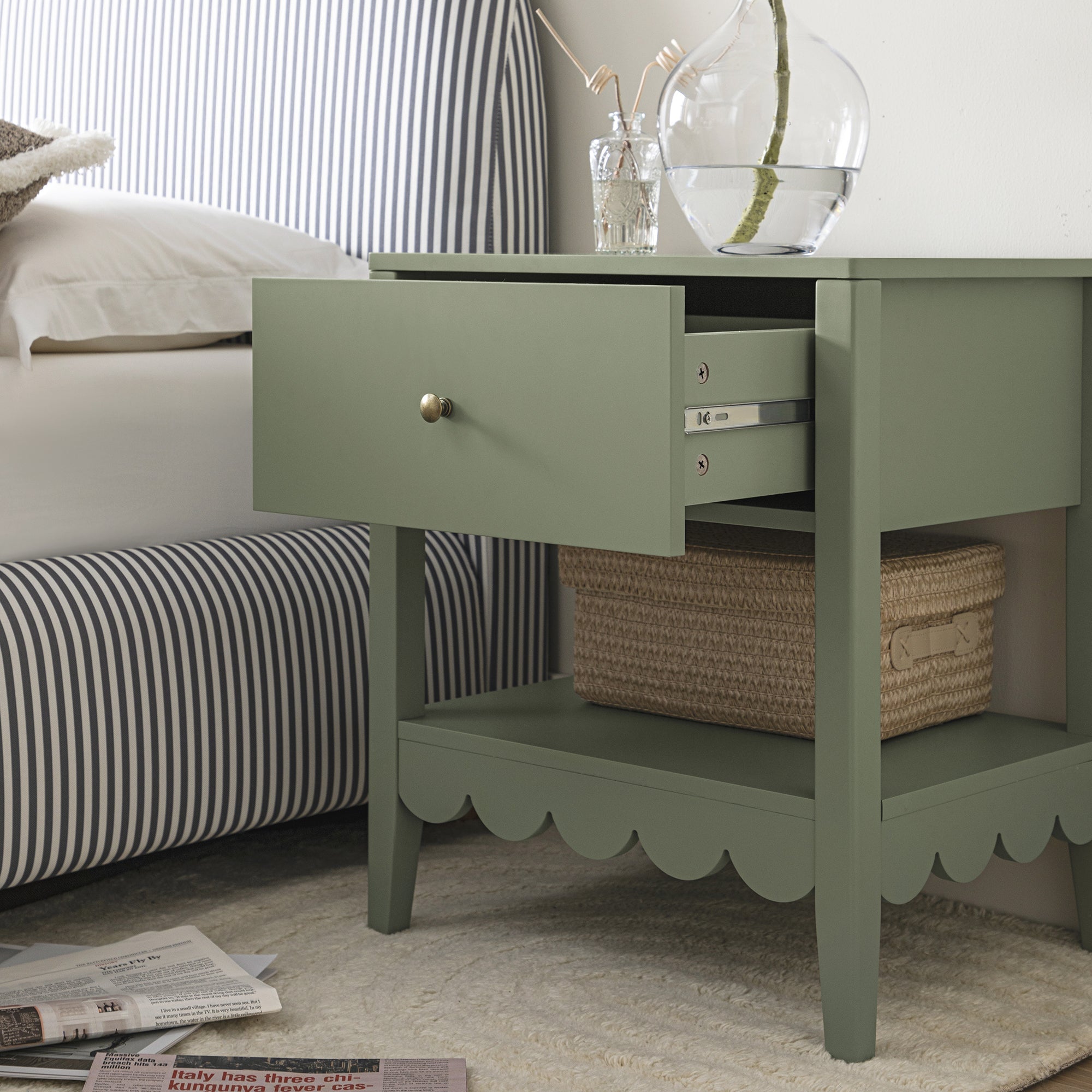 Henley Scalloped Edge Nightstand with Drawer, Sage Green