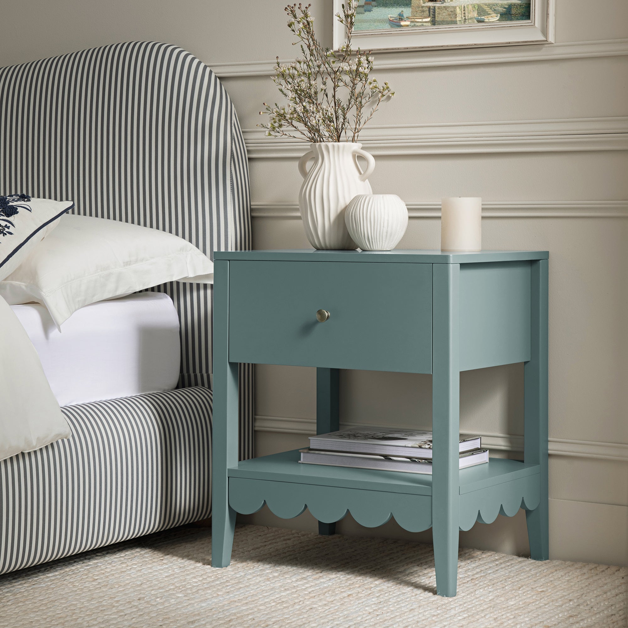 Henley Scalloped Edge Nightstand with Drawer, Blue Spruce