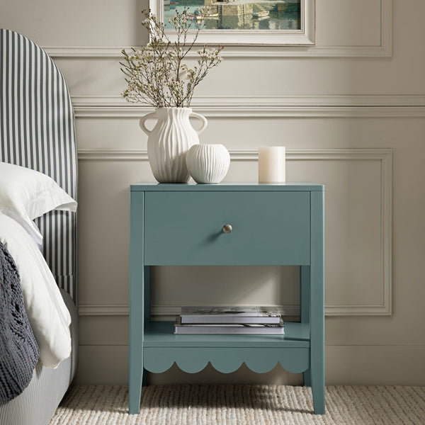 Henley Scalloped Edge Nightstand with Drawer, Blue Spruce