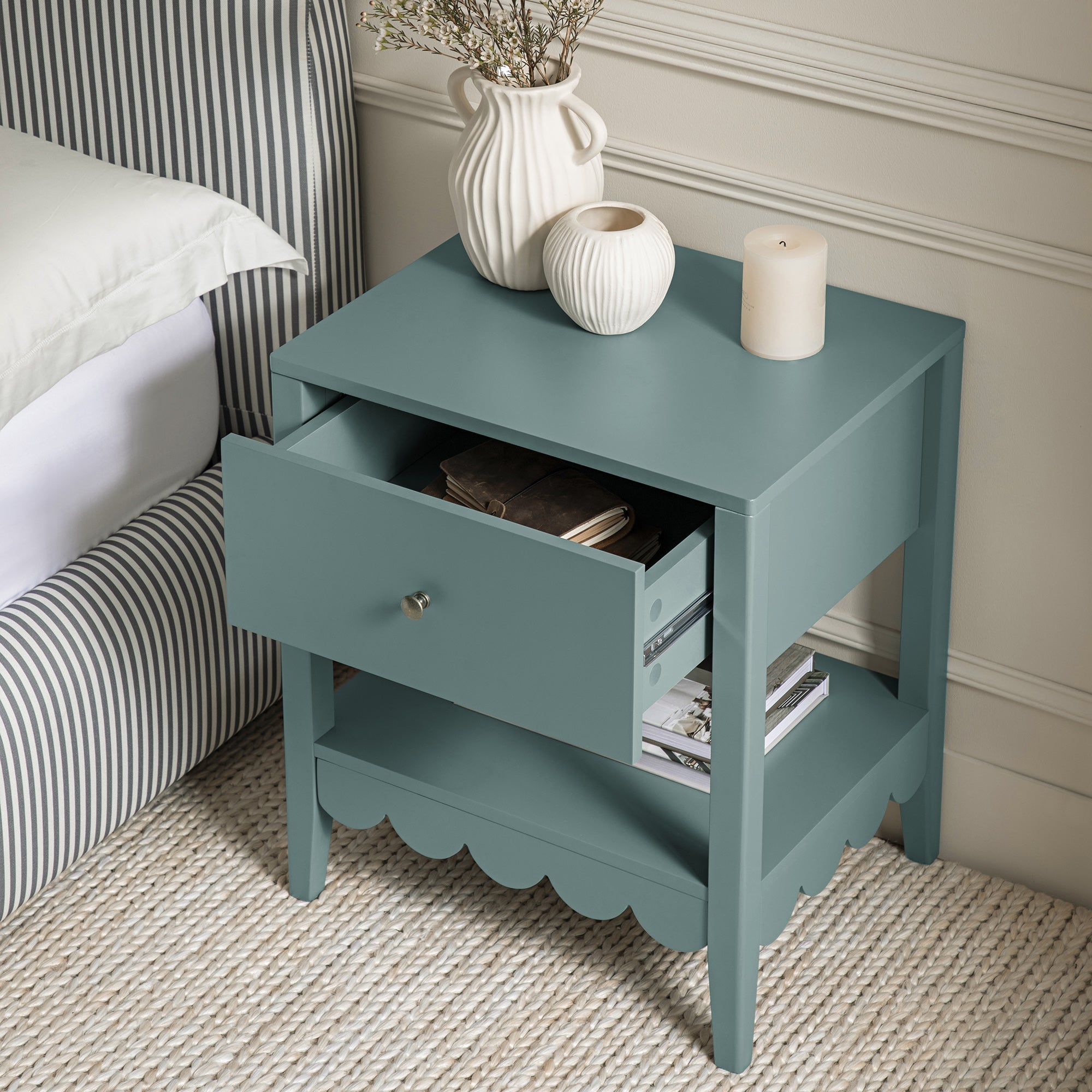 Henley Scalloped Edge Nightstand with Drawer, Blue Spruce