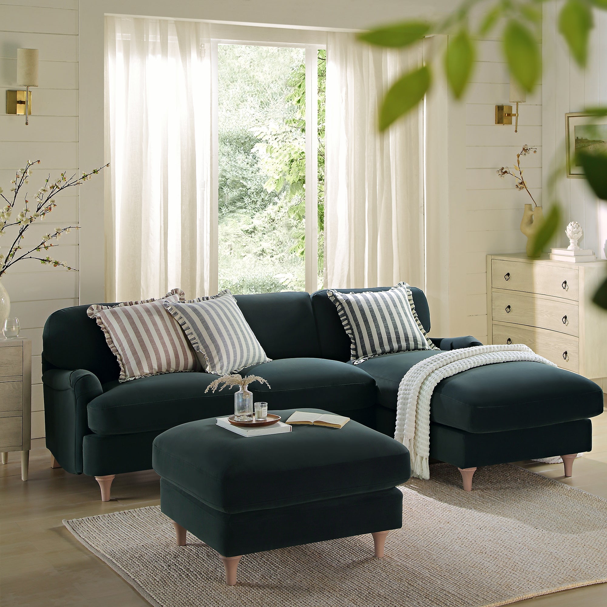 Daphnis Aegean Blue Velvet Sofa, Grande Chaise Sofa Right Hand