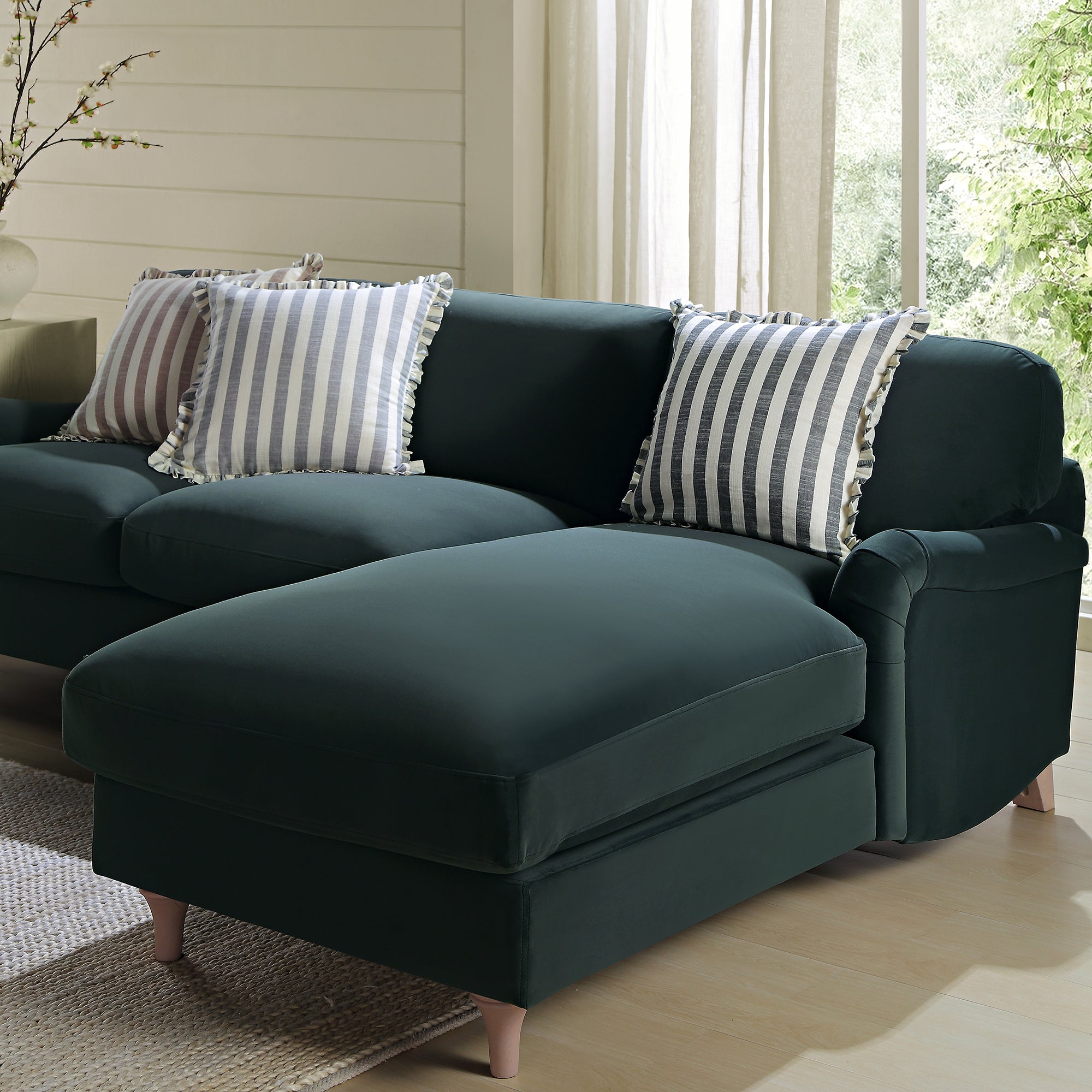 Daphnis Aegean Blue Velvet Sofa, Grande Chaise Sofa Right Hand