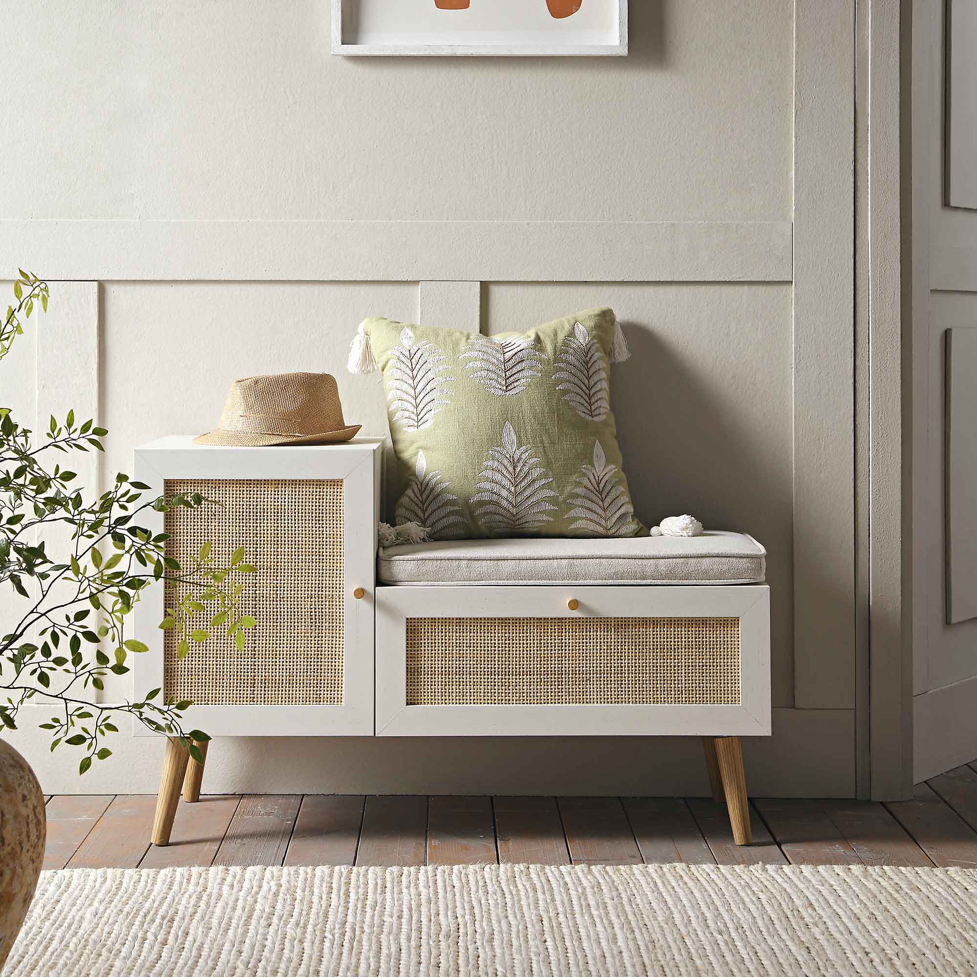 Frances Woven Rattan Storage Bench with Cushion, White