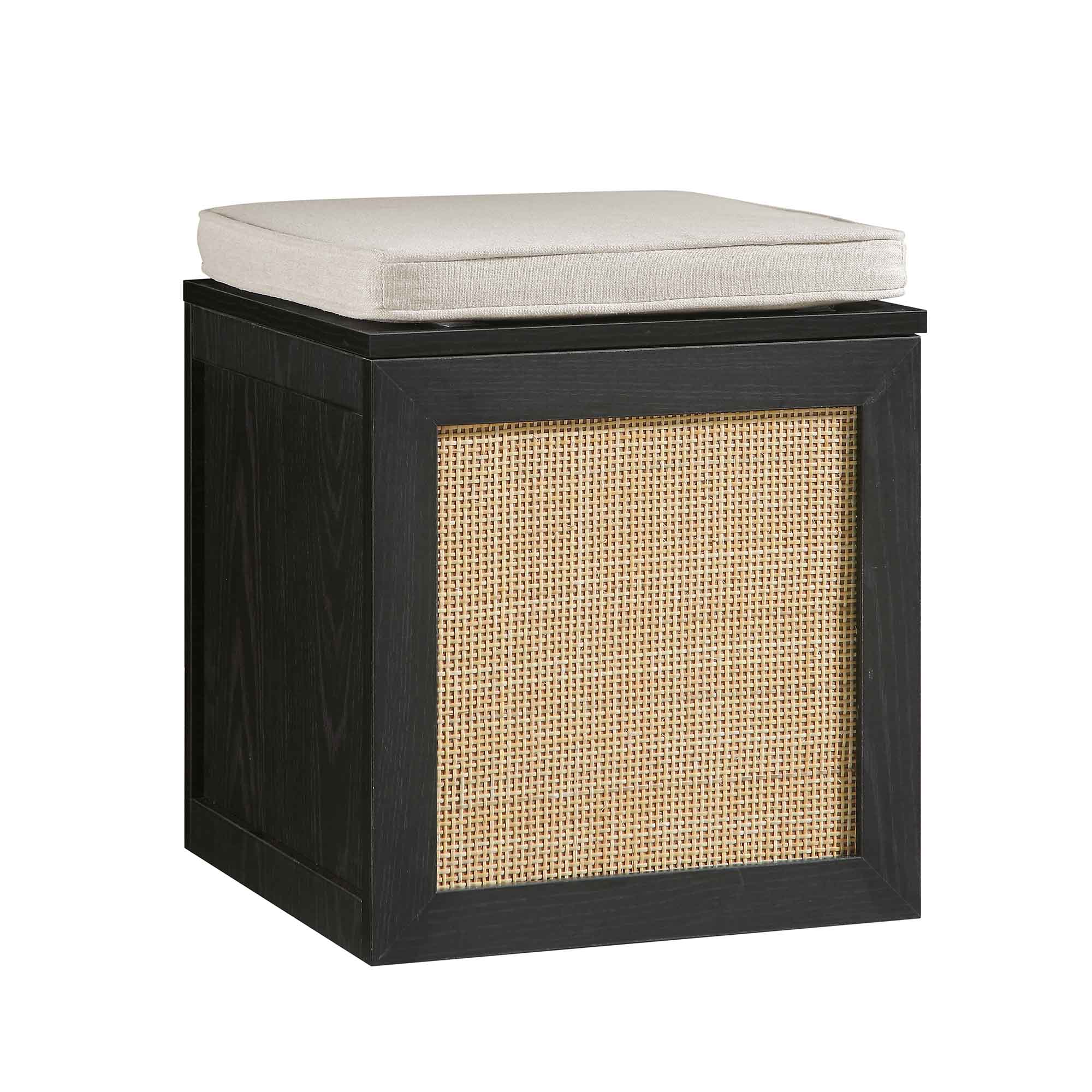 Frances Woven Rattan Single Storage Stool with Cushion, Black