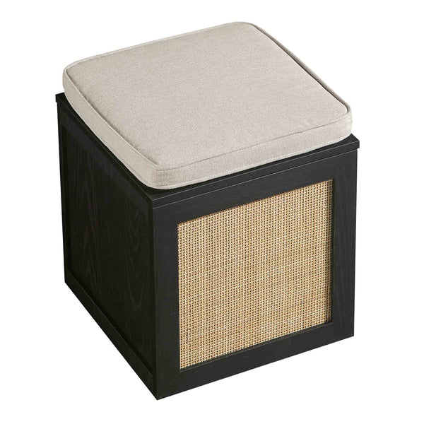 Frances Woven Rattan Single Storage Stool with Cushion, Black